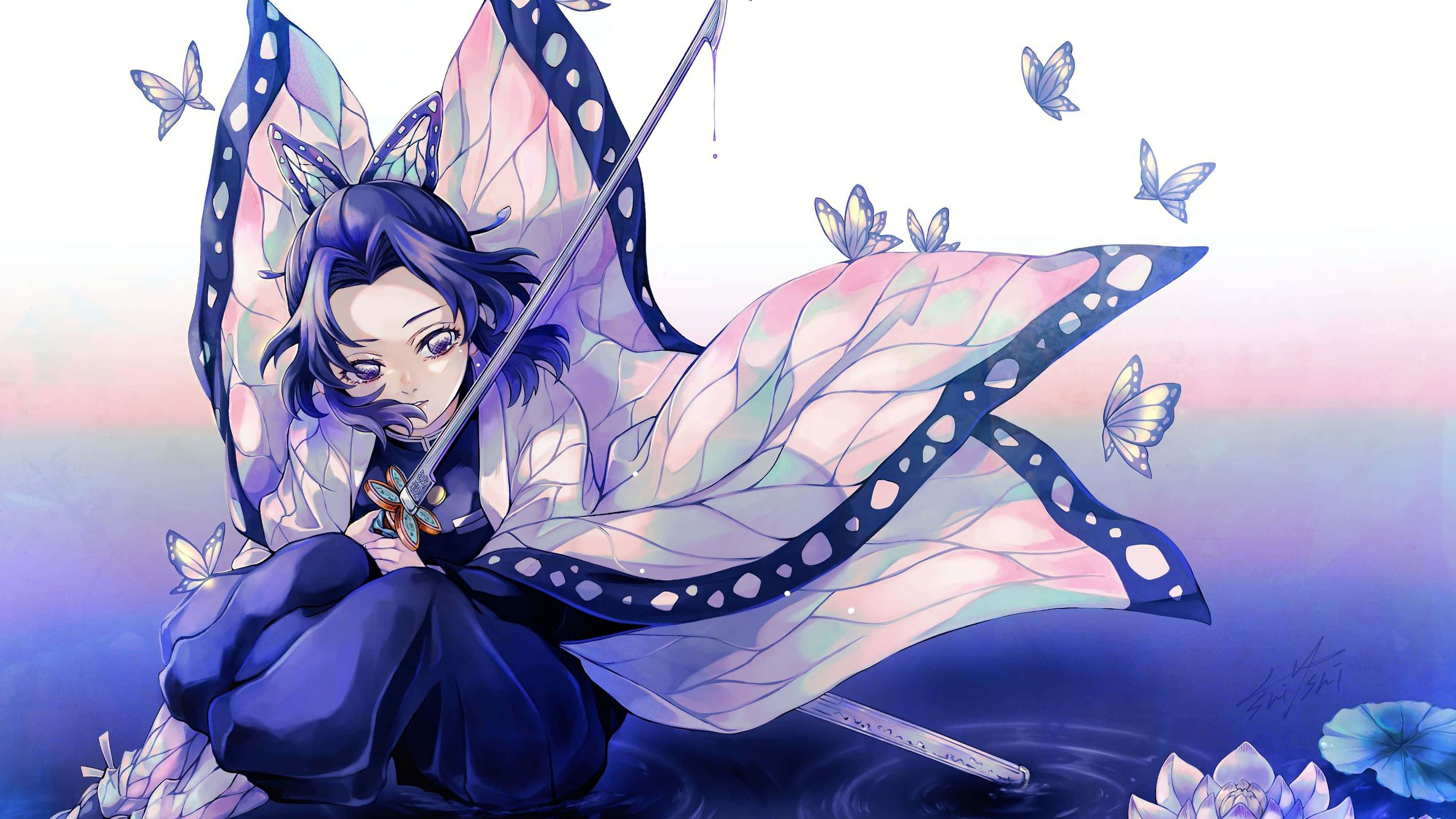 「《鬼滅之刃》中的震撼動作戲」 壁紙 — 一個平靜的動漫女孩，擁有蝴蝶翅膀和劍，坐在水中，被漂浮的蝴蝶包圍，在柔和的黃昏天空下。