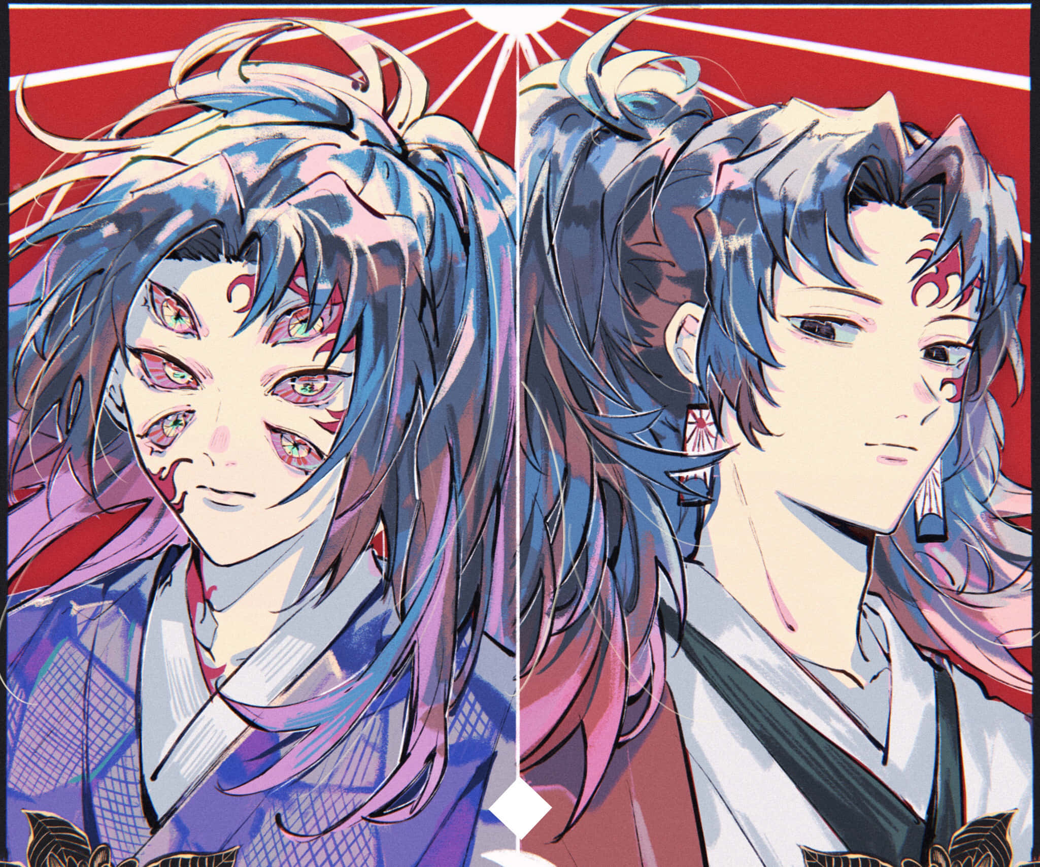 《鬼滅之刃》主角「時透無一郎」戰鬥準備中 壁紙 — 兩個藍色頭髮和紅色標記的動漫角色面向大膽的紅色太陽爆發背景。