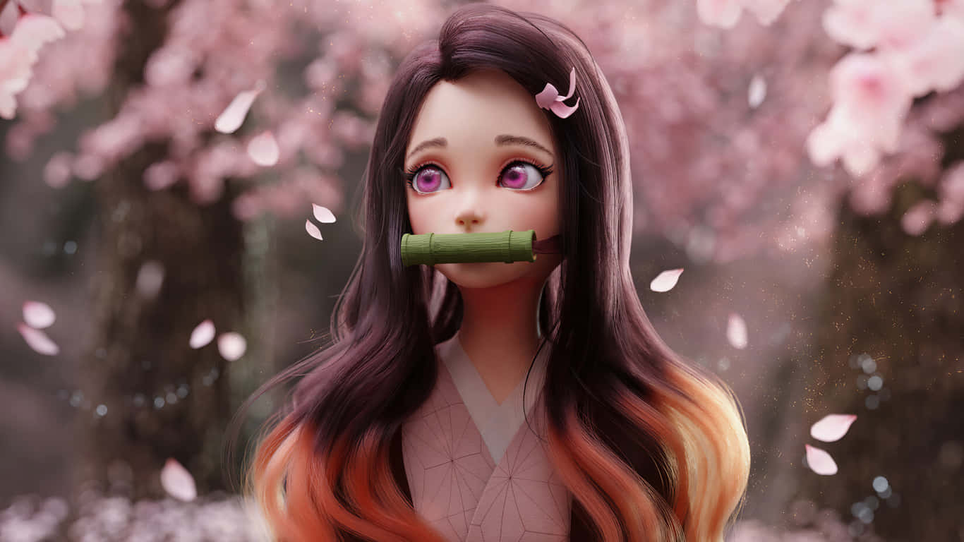 動漫女孩在櫻花下嘴含竹管