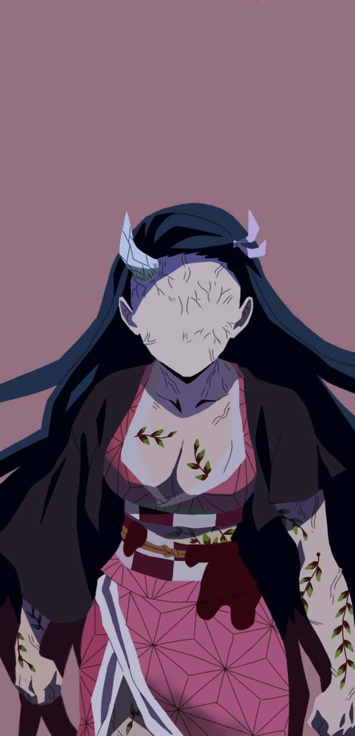 《鬼滅之刃》主角竈門炭治郎極簡壁紙 壁紙 — 一個風格化的動漫角色，長長的黑髮和角，穿著粉紅色幾何和服，背景是柔和的紫紅色。