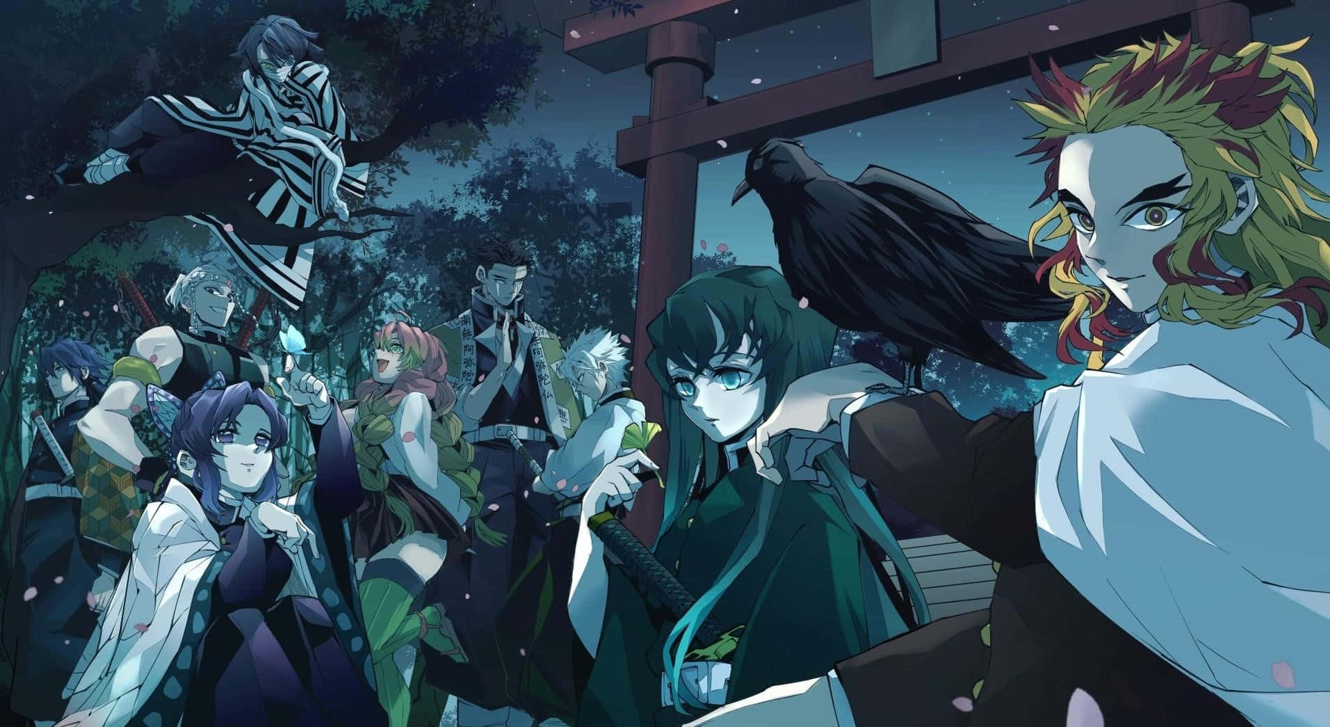 鬼滅之刃 九柱 壁紙 — 動漫角色在夜晚聚集在神社門下，一隻烏鴉棲息在肩膀上。