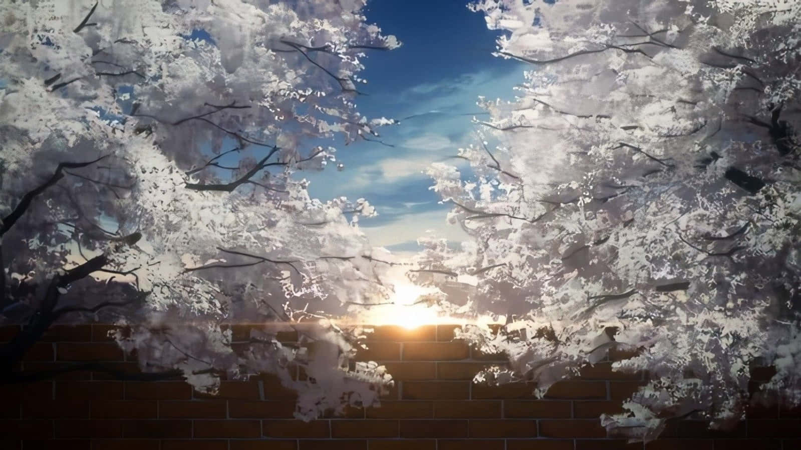 《鬼滅之刃》冬季森林樹木風景 壁紙 — 櫻花在清澈的藍天下，為磚牆後的溫暖夕陽構築了框架。