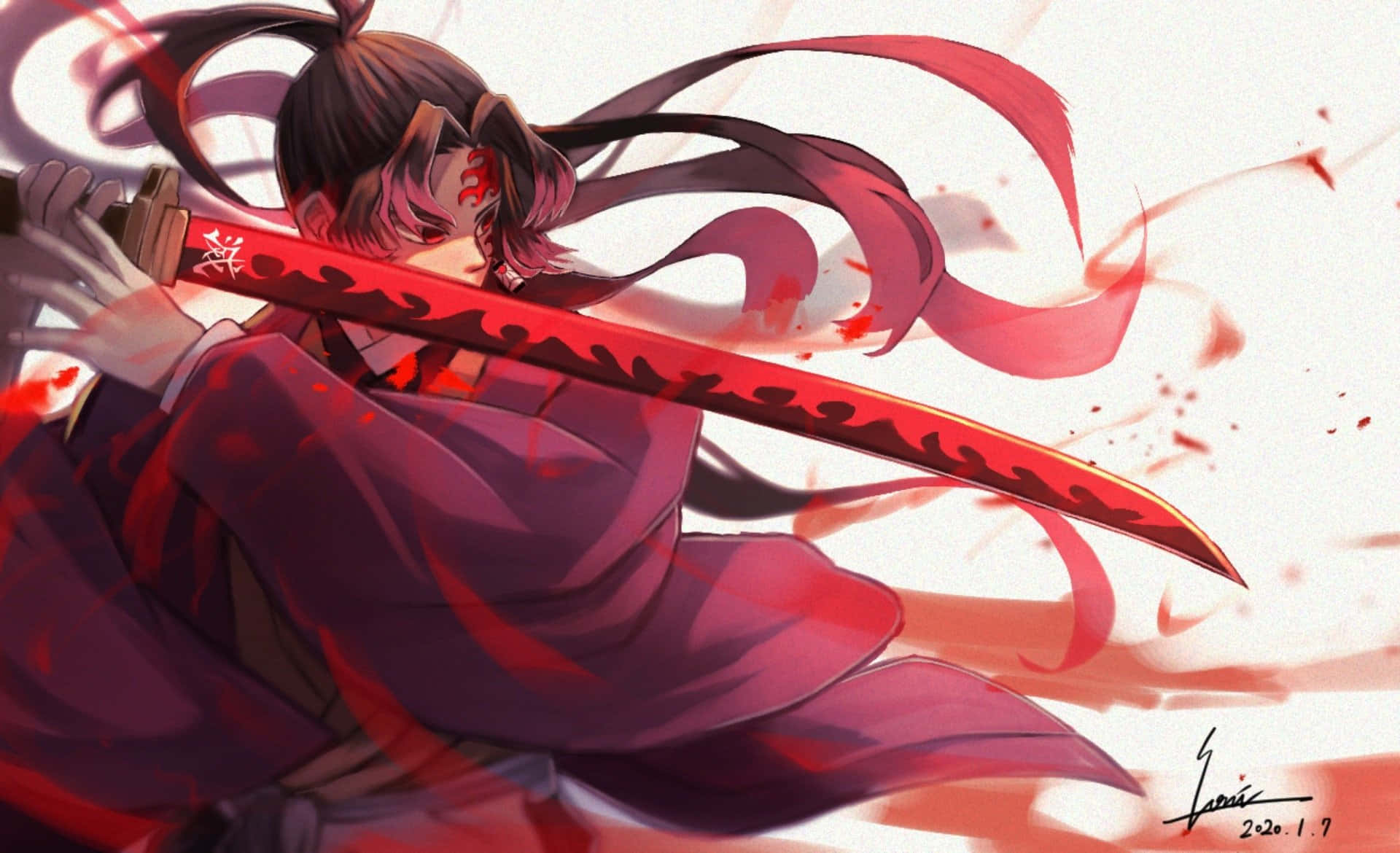 《鬼滅之刃》劍士——時透無一郎 壁紙 — 一位兇猛的動漫戰士，黑髮紅眼，在純白背景前揮舞著沾血的武士刀。