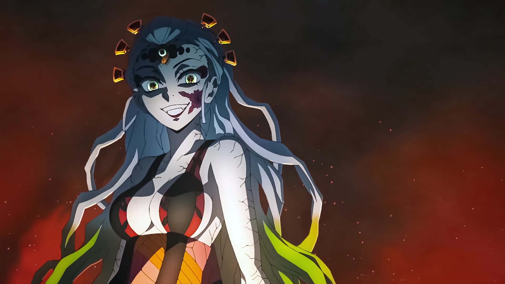《鬼滅之刃》勇敢無畏的Daki 壁紙 — 一個引人注目的動漫女惡魔，擁有發光的眼睛和華麗的頭飾，站在火紅的宇宙背景前。