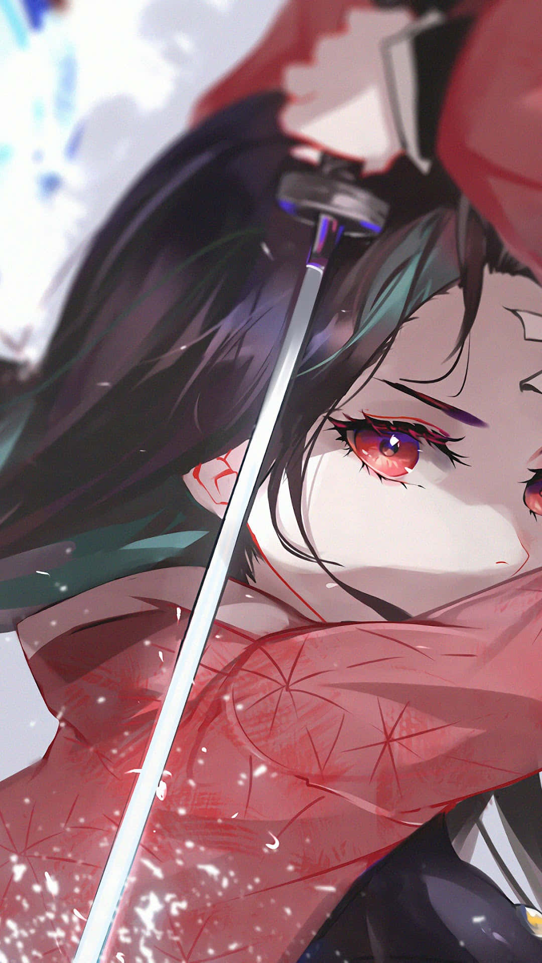 《鬼滅之刃》可愛灶門禰豆子與武士刀數位畫 壁紙 — 一個特寫動漫女孩，紅眼睛黑頭髮，手持劍，紅色和服在雪花中飄揚，背景明亮。