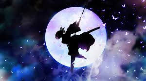 武士持劍跳躍，背景是發光的月亮和蝴蝶