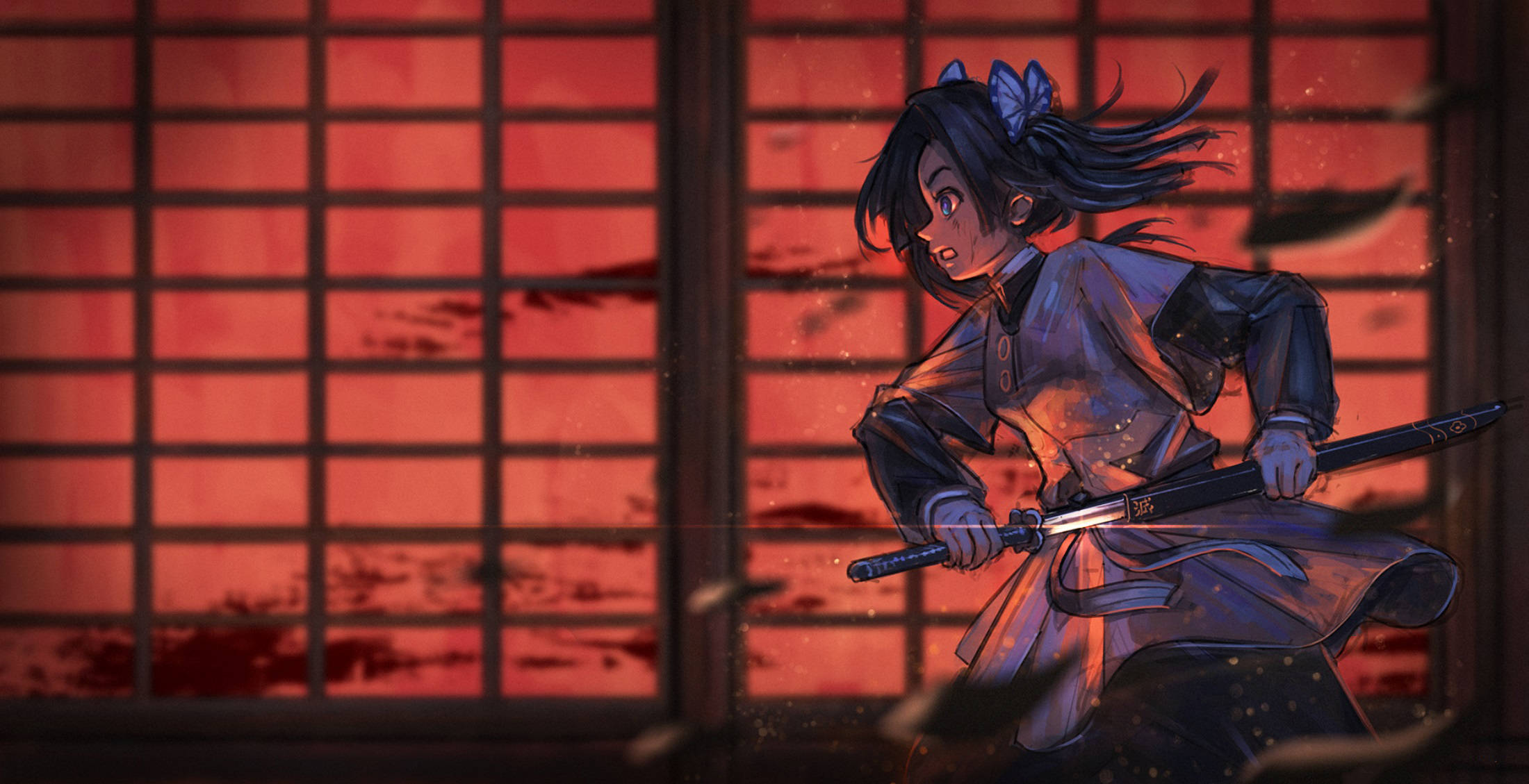 動漫戰士女孩在紅色障子屏幕前持劍