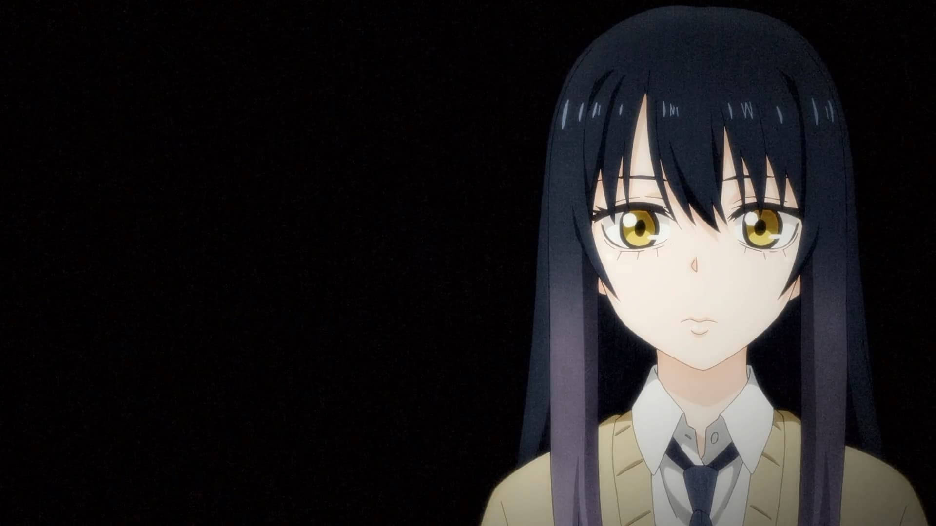 《鬼滅之刃》御影冷靜表情 壁紙 — 一個黑長直髮、金色眼睛的動漫女孩穿著校服的近距離特寫，背景為黑色。