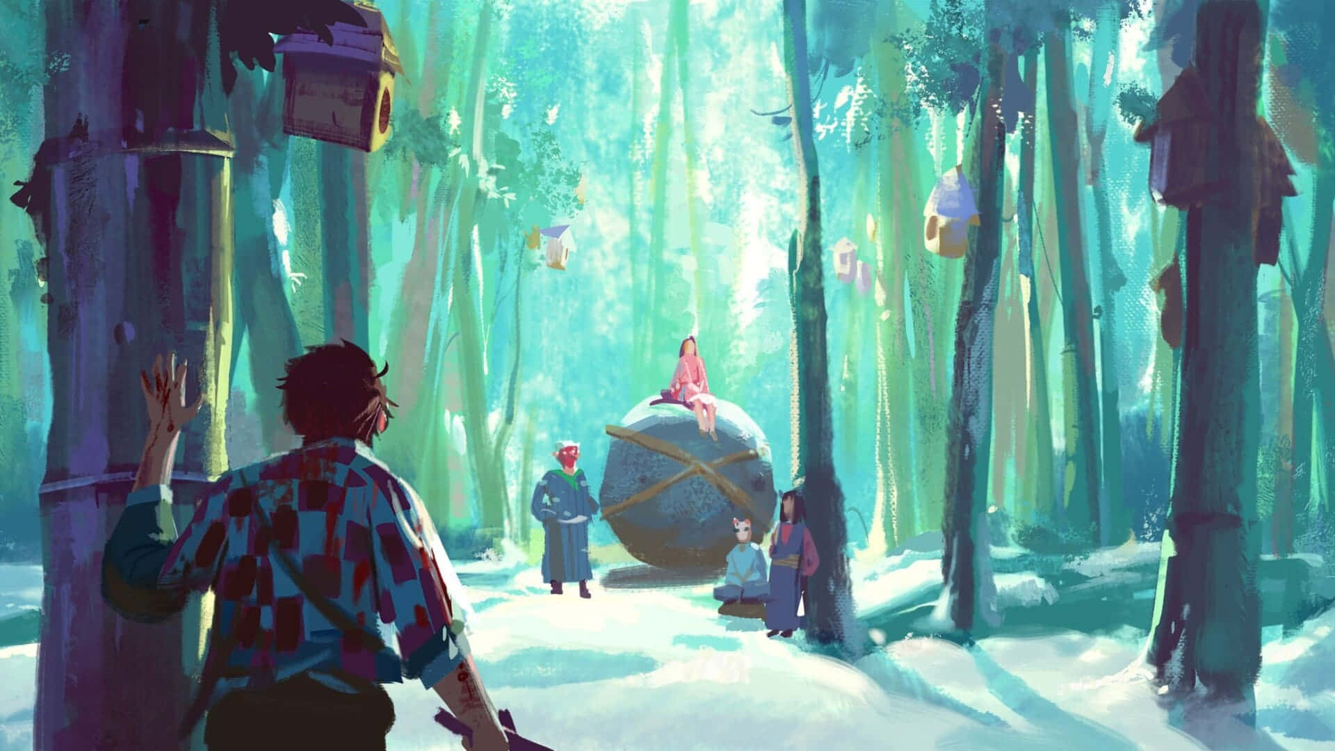 一個穿著格仔衫嘅年輕人望住其他人圍住一個大石球喺雪地森林。