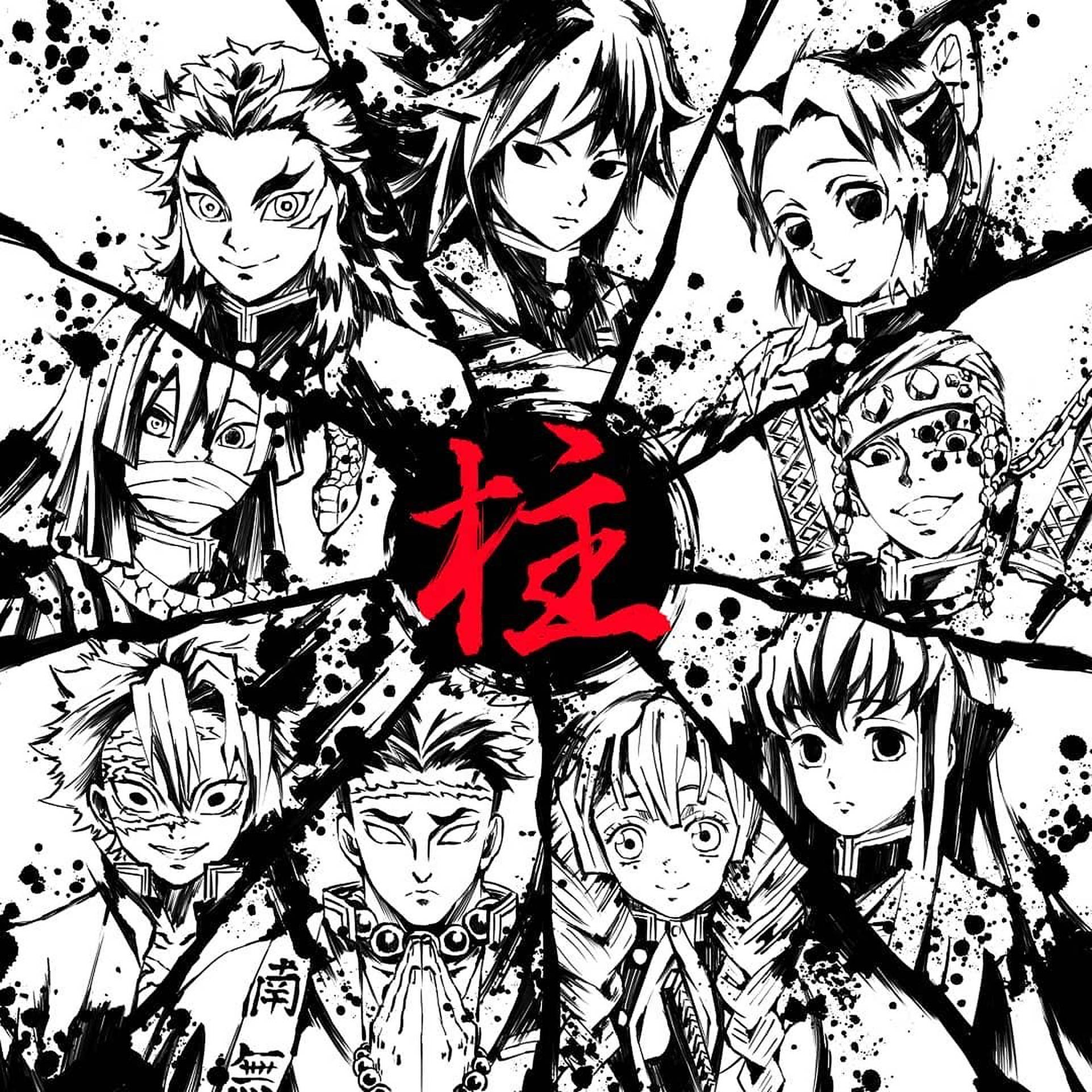 《鬼滅之刃》日文標誌 壁紙 — 一幅動態黑白動漫插圖，七個角色圍繞中央的紅色漢字排列，帶有墨水飛濺效果。