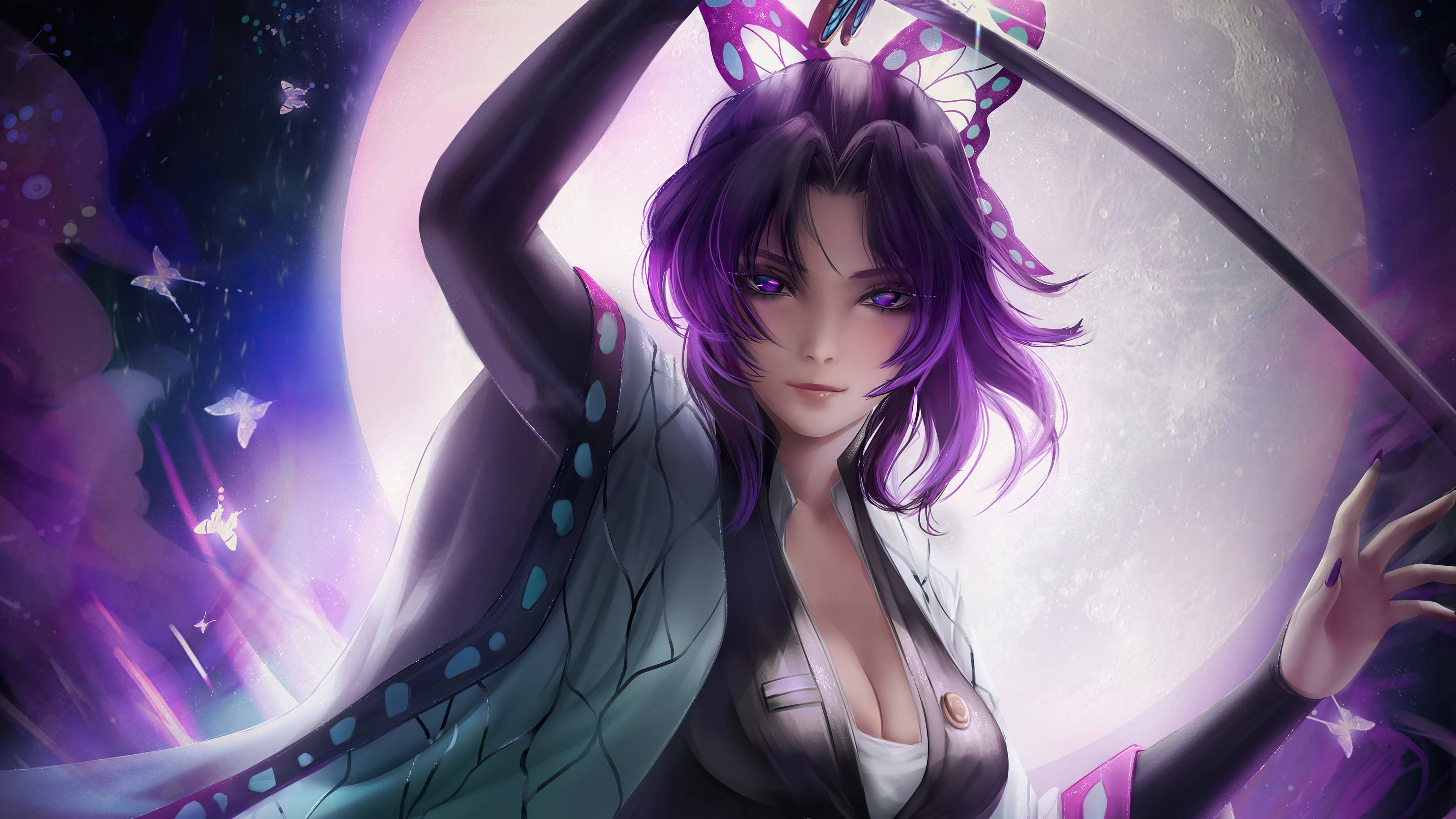 《鬼滅之刃》時透無一郎動漫風 壁紙 — 一位紫髮蝴蝶翅膀的動漫少女，手持劍，站在被飄浮蝴蝶環繞的發光月亮前。