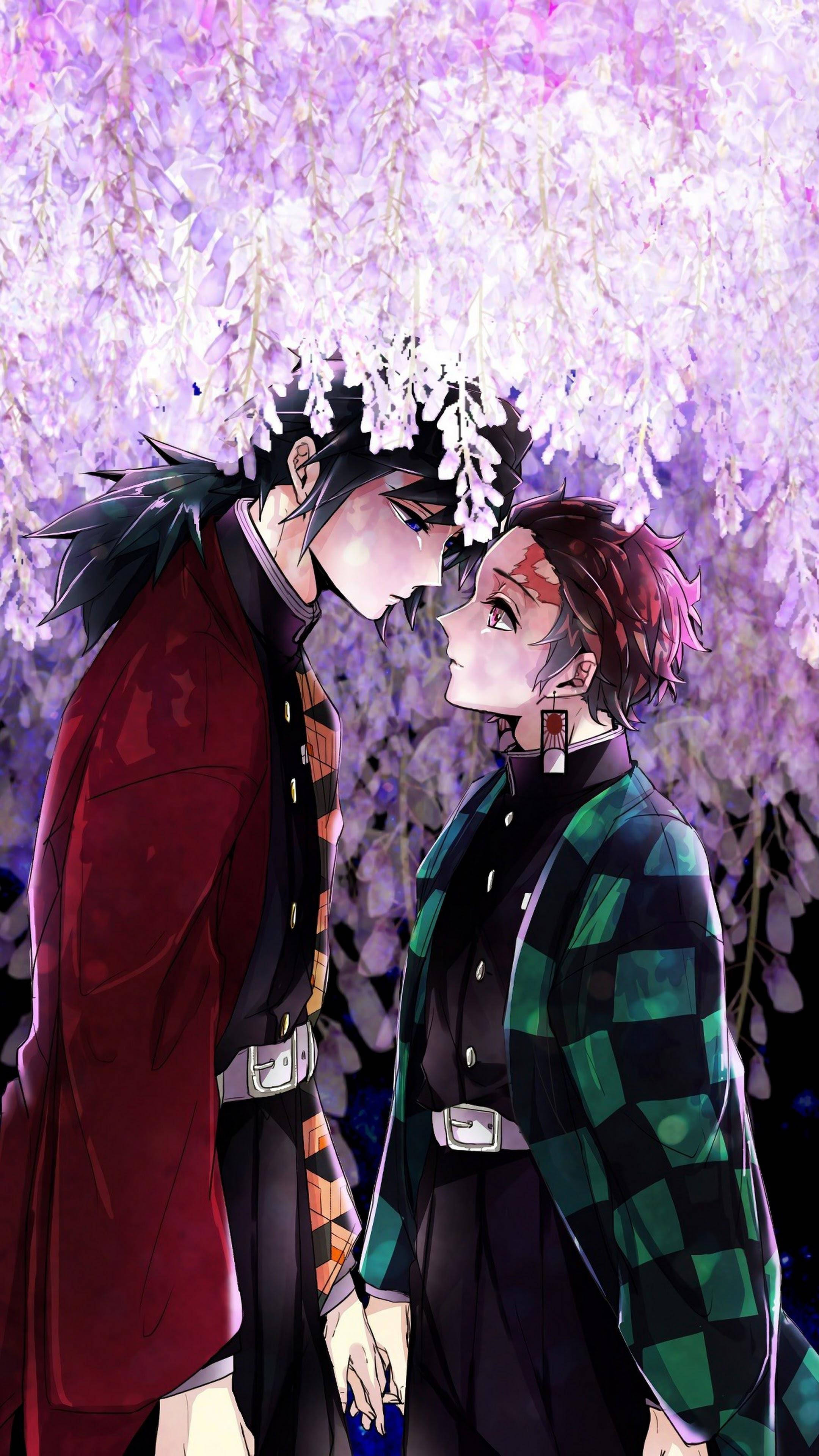 《鬼滅之刃》時透無一郎與炭治郎 壁紙 — 兩個穿著和服風格服裝的動漫角色，在層疊的紫色紫藤花華蓋下溫柔地凝視著對方。