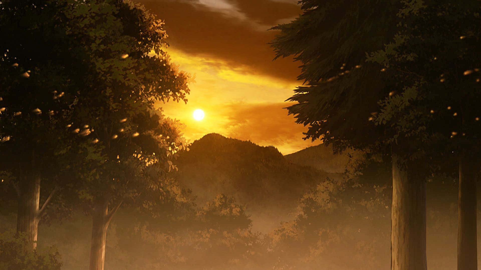 《鬼滅之刃》森林夕陽風景 壁紙 — 金色夕陽在霧氣繚繞的山巒後落下，剪影樹木環繞，螢火蟲在溫暖的暮色中閃爍飛舞。