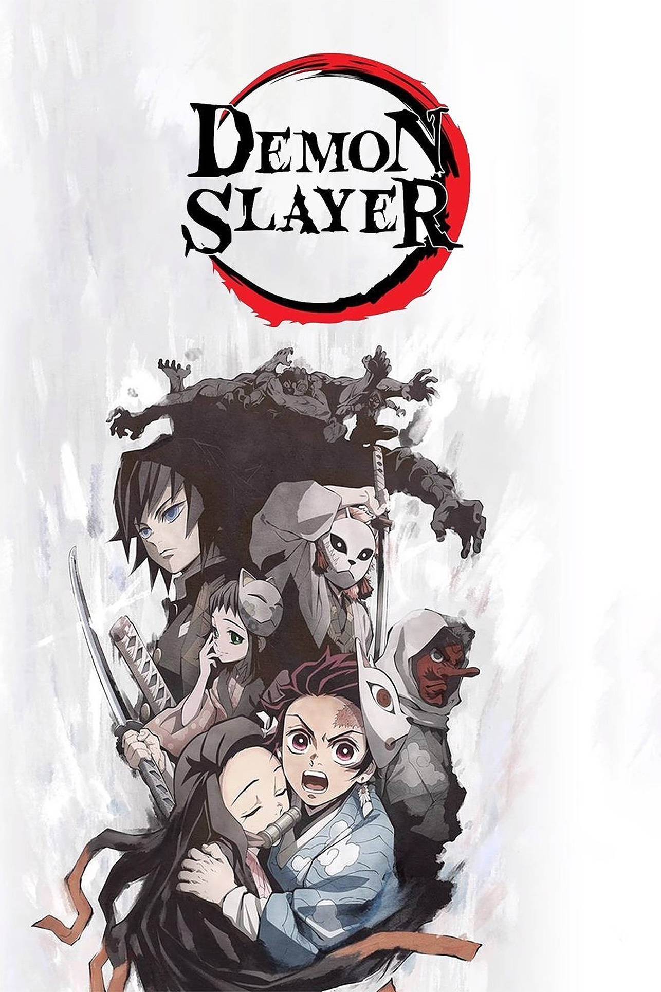 《鬼滅之刃》海報與標誌 壁紙 — Demon Slayer 角色以動感動漫姿勢呈現，紅色月亮標誌置於紋理白色背景上。