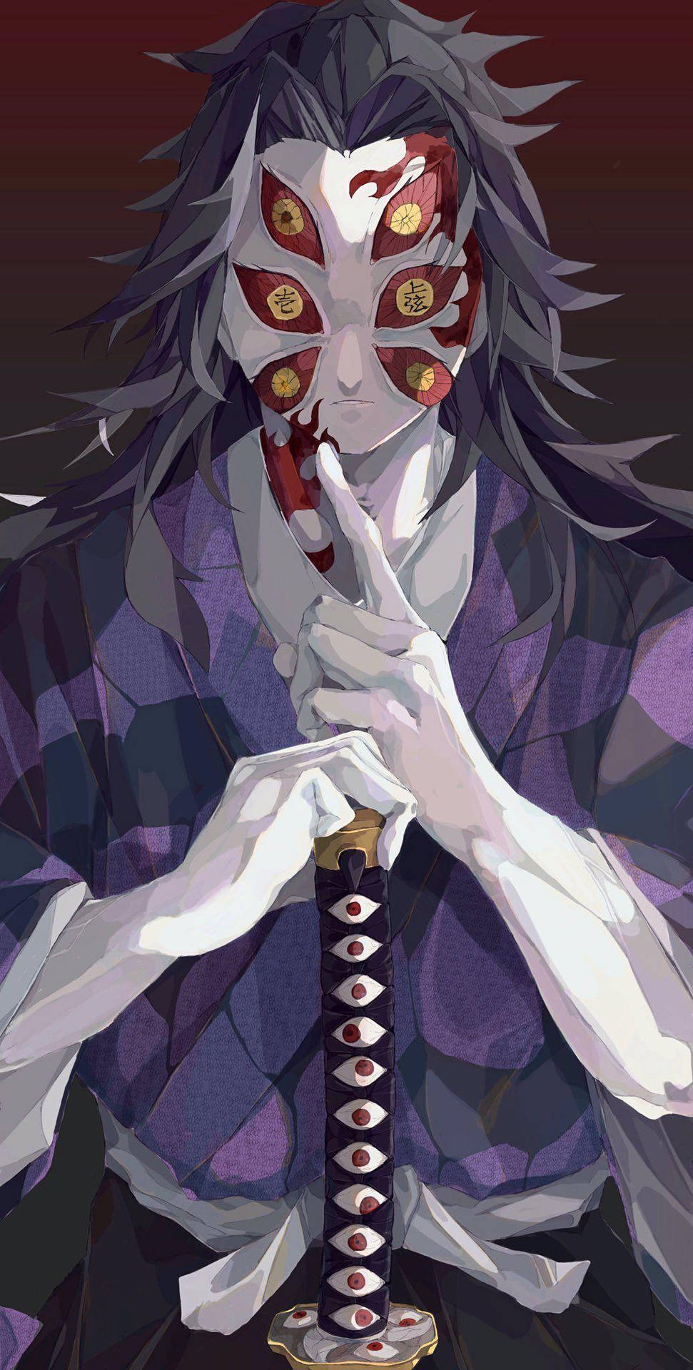 動漫惡魔戴著紅色眼罩，手持一把帶有眼睛圖案的劍。