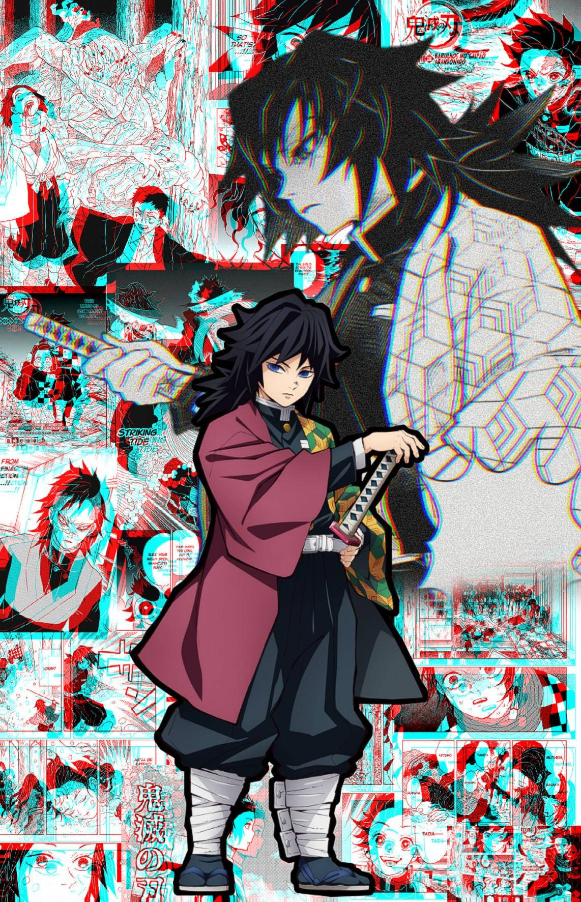 《鬼滅之刃》漫畫中的時透無一郎 壁紙 — 擁有深色頭髮和劍的動漫角色站在混亂的漫畫面板中央，帶有紅青色偏移效果。
