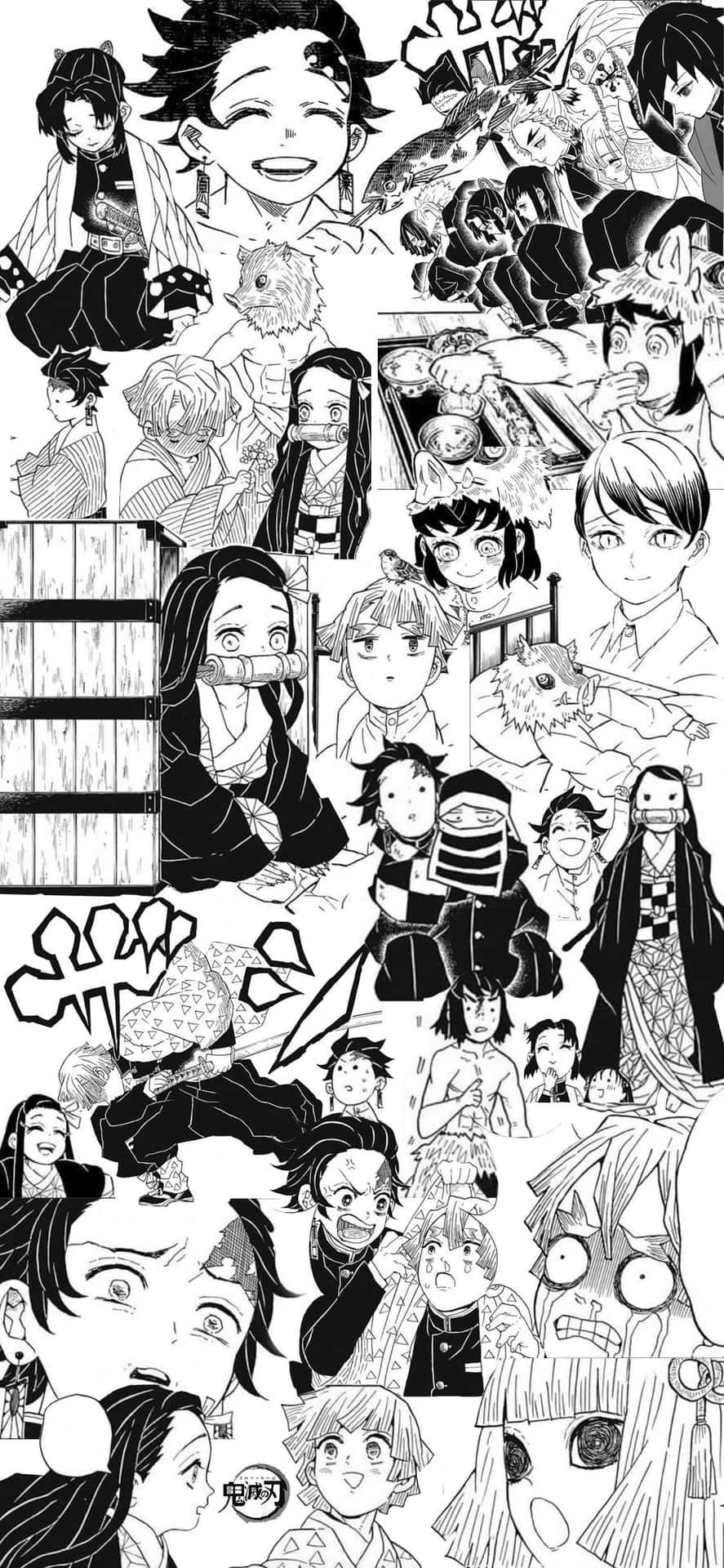 《鬼滅之刃》漫畫角色拼貼畫，表情豐富，姿勢動感。