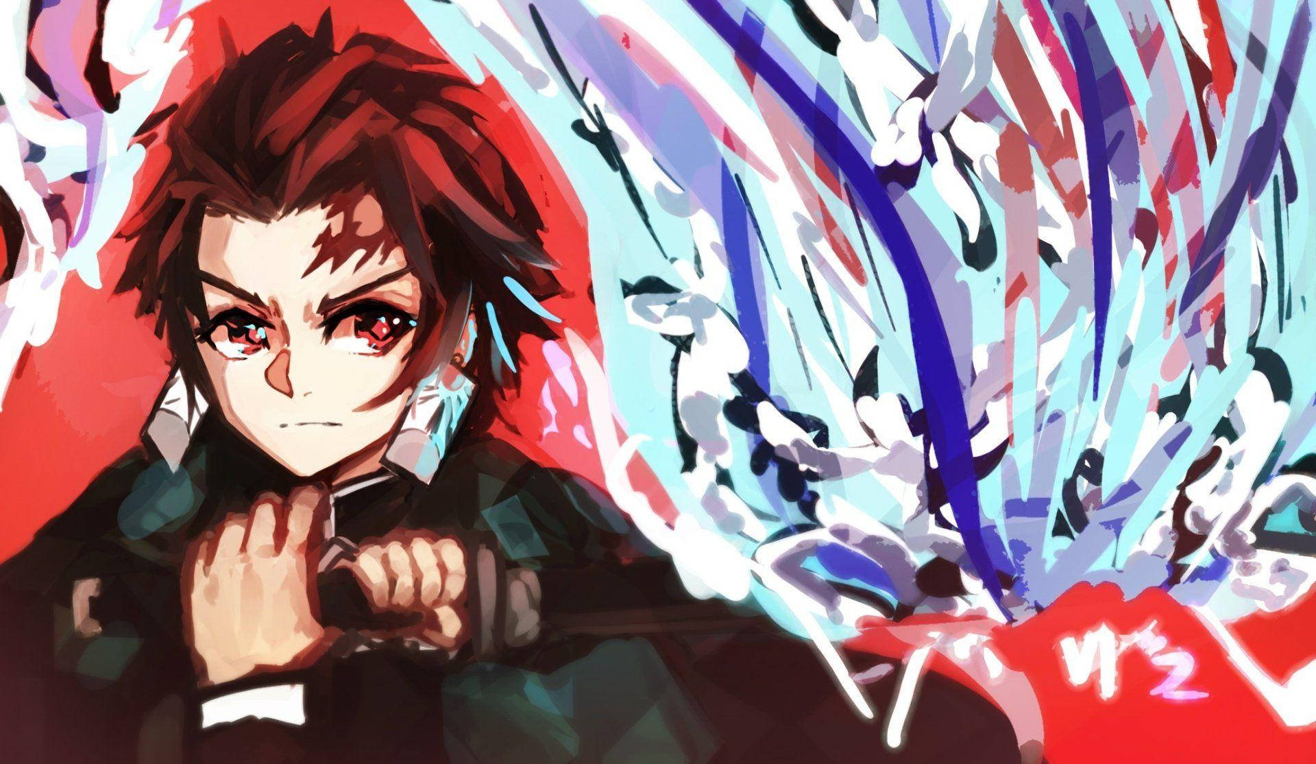 鬼滅之刃 炭治郎 動畫版 壁紙 — 一個堅定的動漫男孩，紅髮紅眼，緊握著劍，藍色能量在他身後爆發，背景是火紅色的。