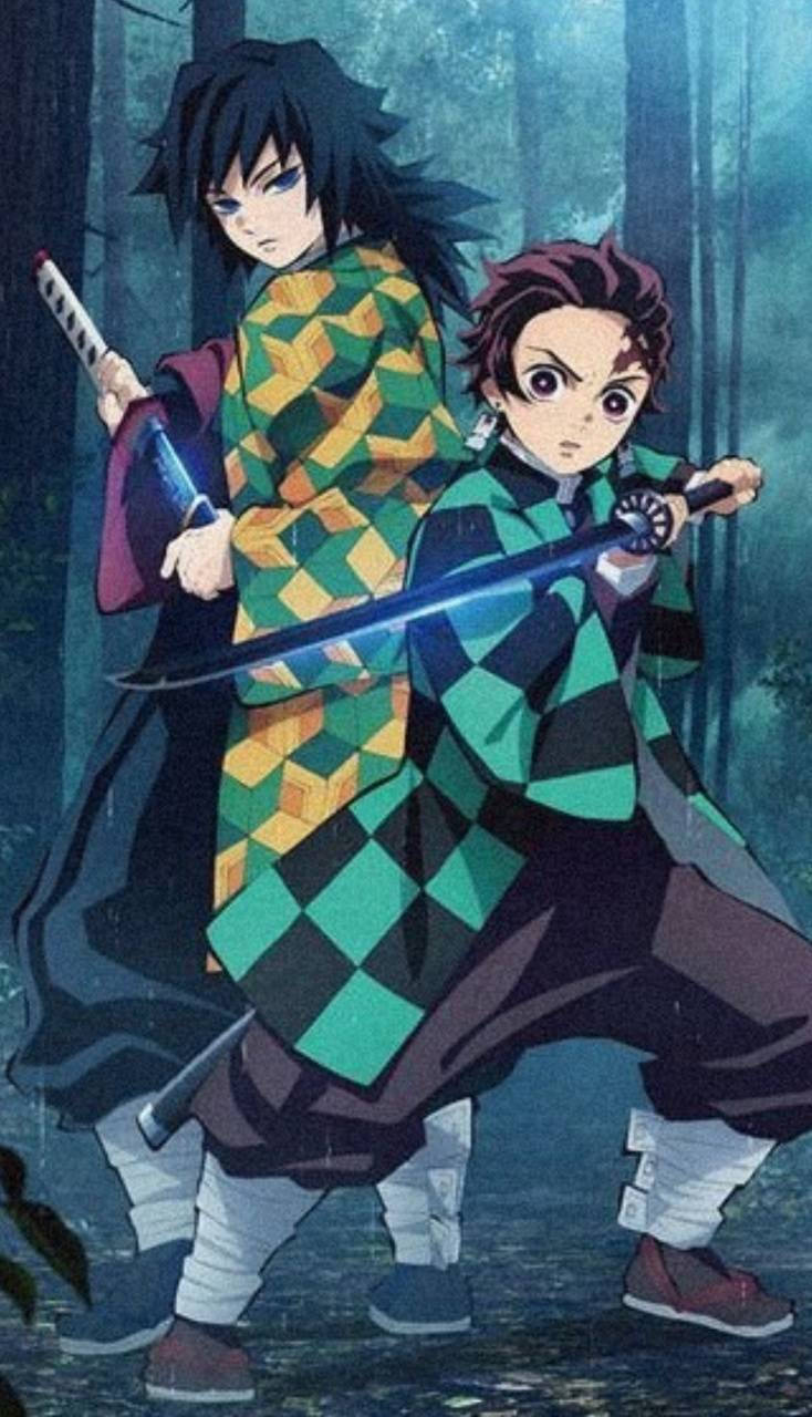 鬼滅之刃 炭治郎 富岡 壁紙 — 兩位身穿格仔羽織的動漫戰士在黃昏時分的霧林中以劍待命。