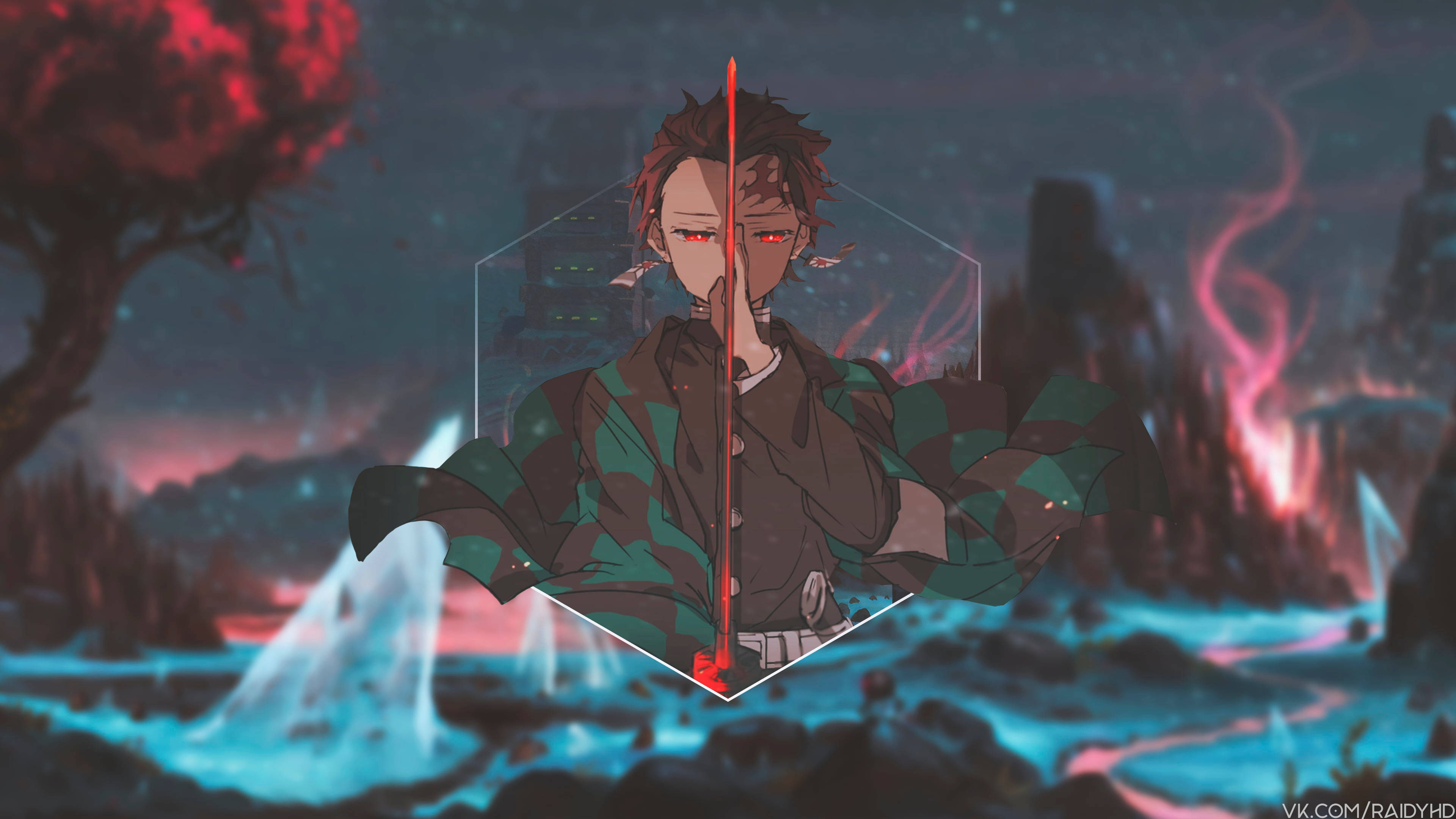 《鬼滅之刃》炭治郎 桌面 4K 壁紙 — 一位決心堅定的動漫戰士，紅眼持劍，站在發光的六邊形中，背景是熾熱的暮色景觀。