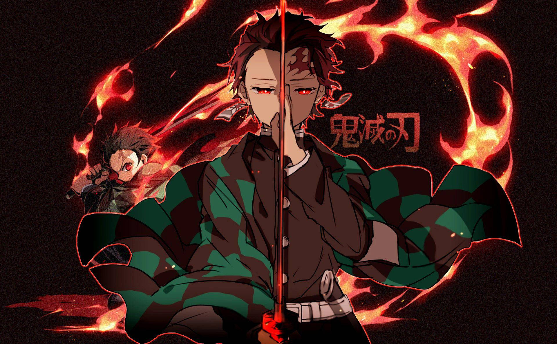鬼滅之刃 炭治郎 藍天 壁紙 — 一個火熱的動漫戰士穿著綠色和黑色格紋和服，手持劍，臉部裂開，火焰在他身後旋轉，背景黑暗。