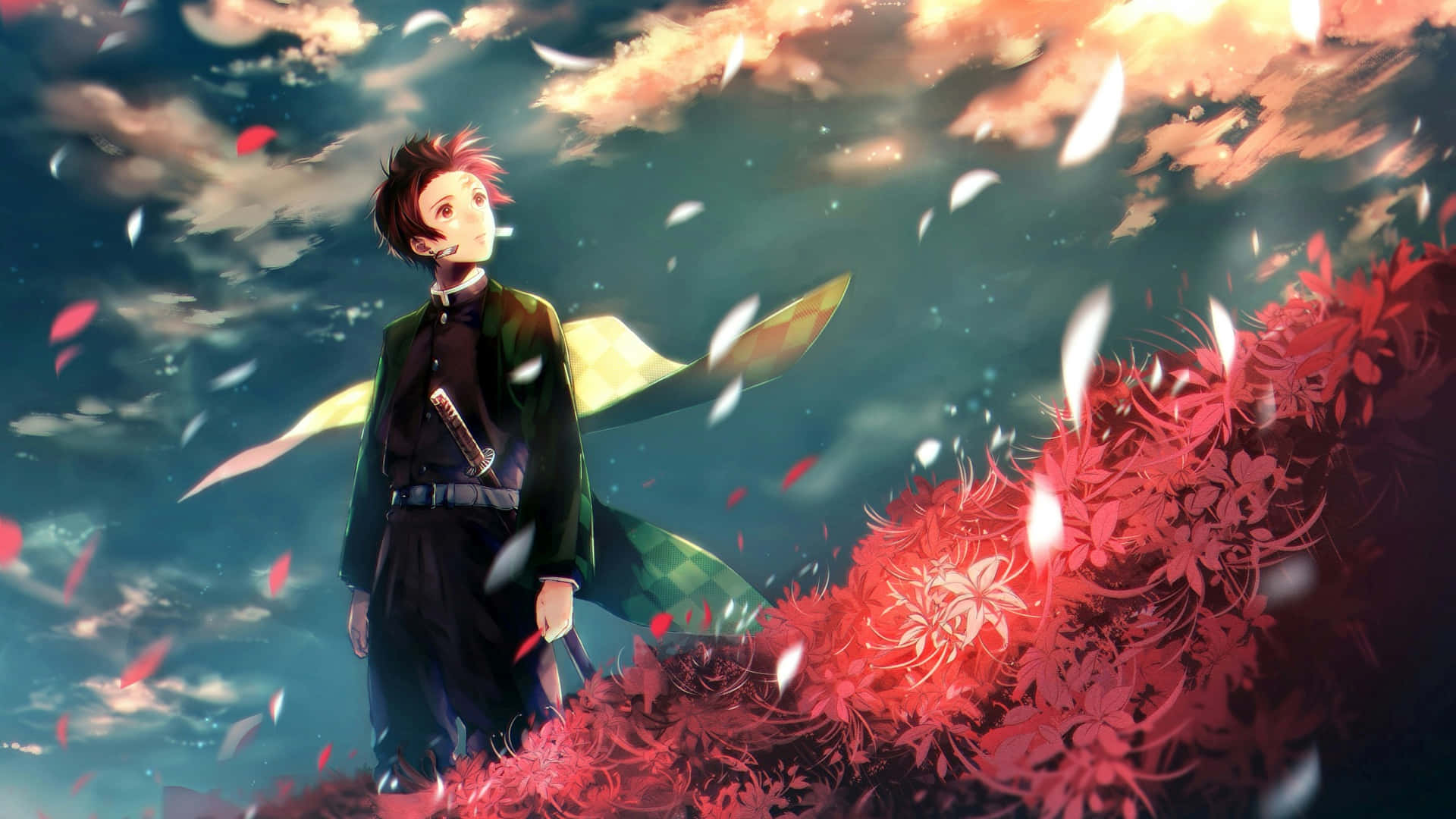 動漫男孩穿著綠色制服站在紅花中，天空戲劇性，花瓣飄落。