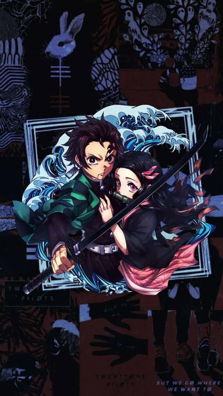 鬼滅之刃 炭治郎與祢豆子 壁紙 — 兩個動漫角色在黑暗風格化的背景元素中，以劍擺出動態戰鬥姿勢。