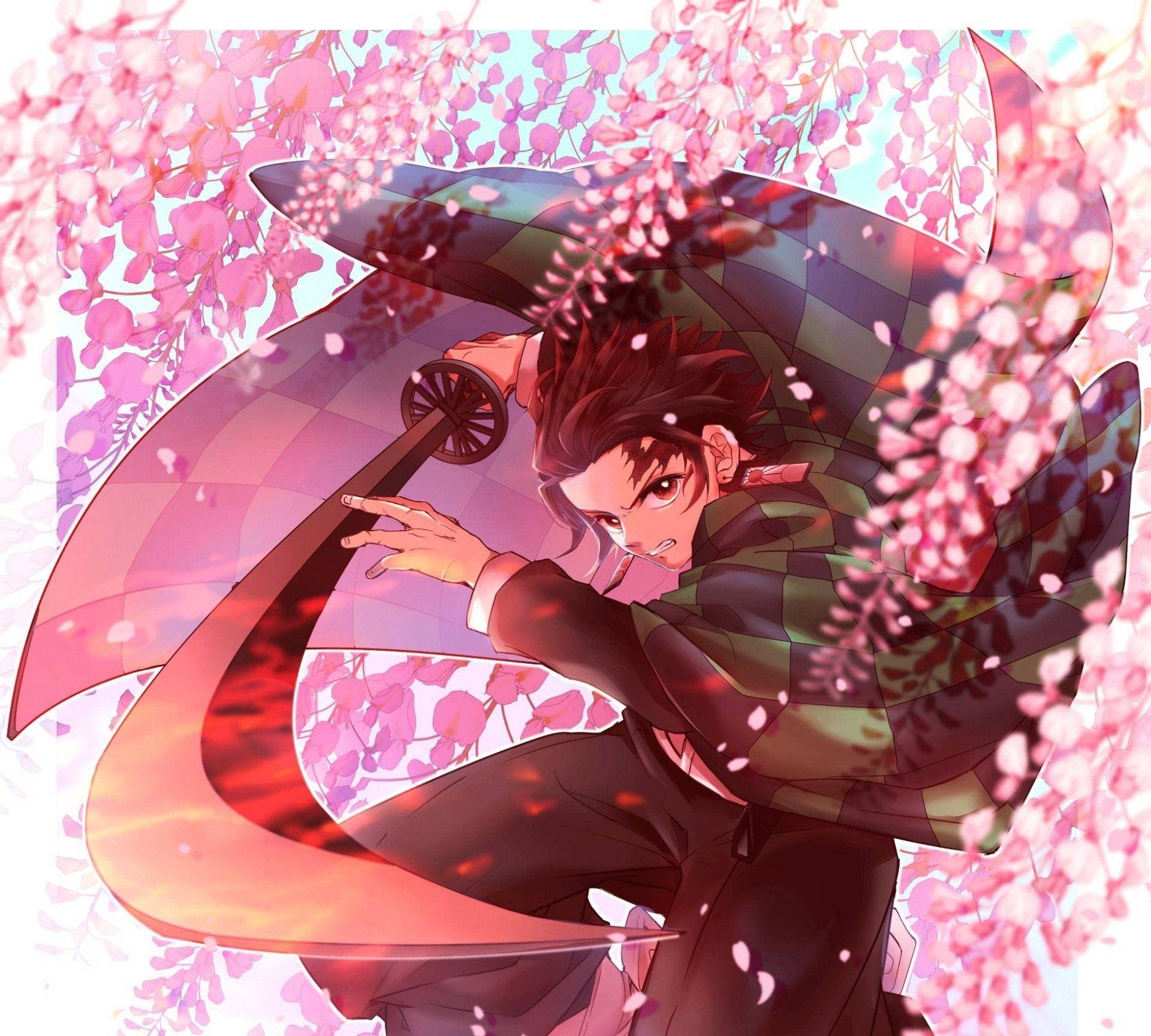 鬼滅之刃 炭治郎與粉紅花朵 壁紙 — 一位身穿格紋和服的動漫戰士，在飄落的粉紅櫻花中揮舞著發光的劍。
