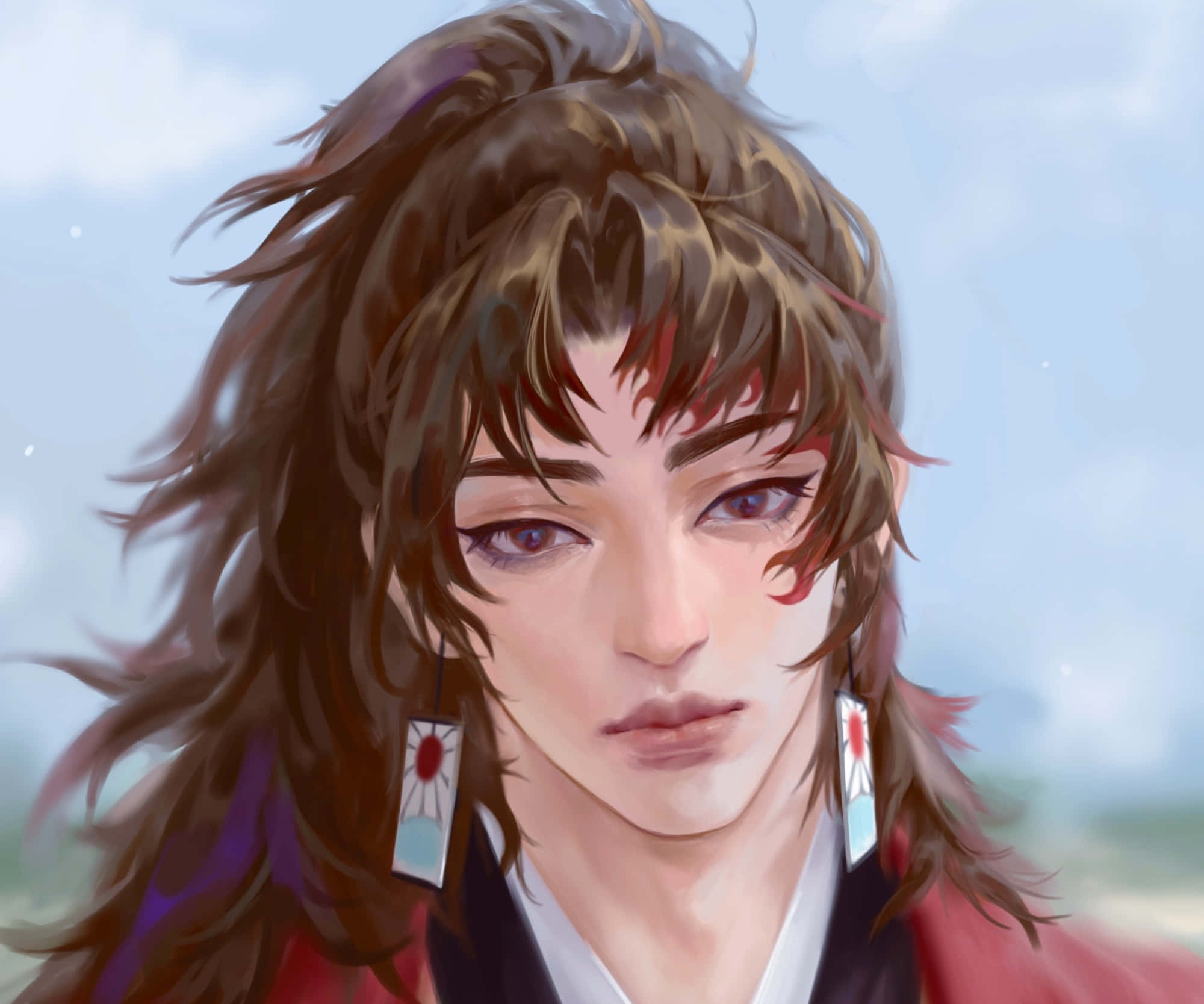 《鬼滅之刃》無限列車篇的劍士——時透無一郎 壁紙 — 一個年輕男子的特寫動漫肖像，擁有凌亂的棕色頭髮和臉上的紅色標記，戴著傳統耳環。