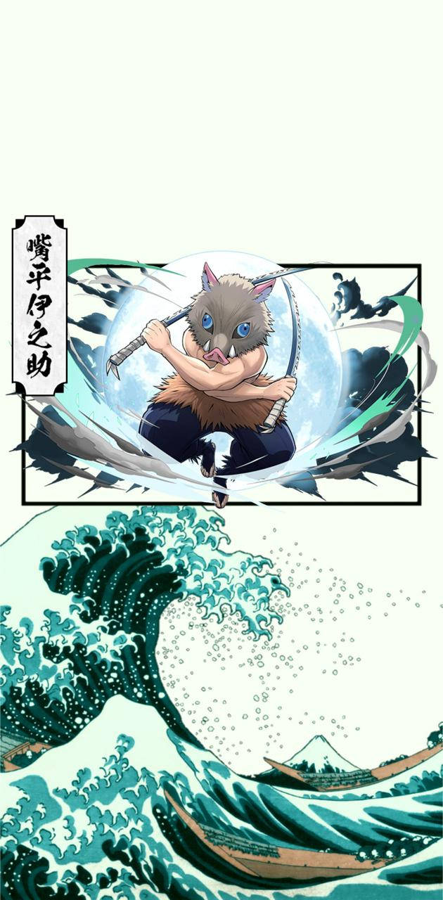 鬼滅之刃 猿柿景光 漫畫分鏡 壁紙 — 一個兇猛的動畫惡魔戰士在受葛飾北齋《神奈川沖浪裏》啟發的巨浪頂端戰鬥，遠處可見富士山。