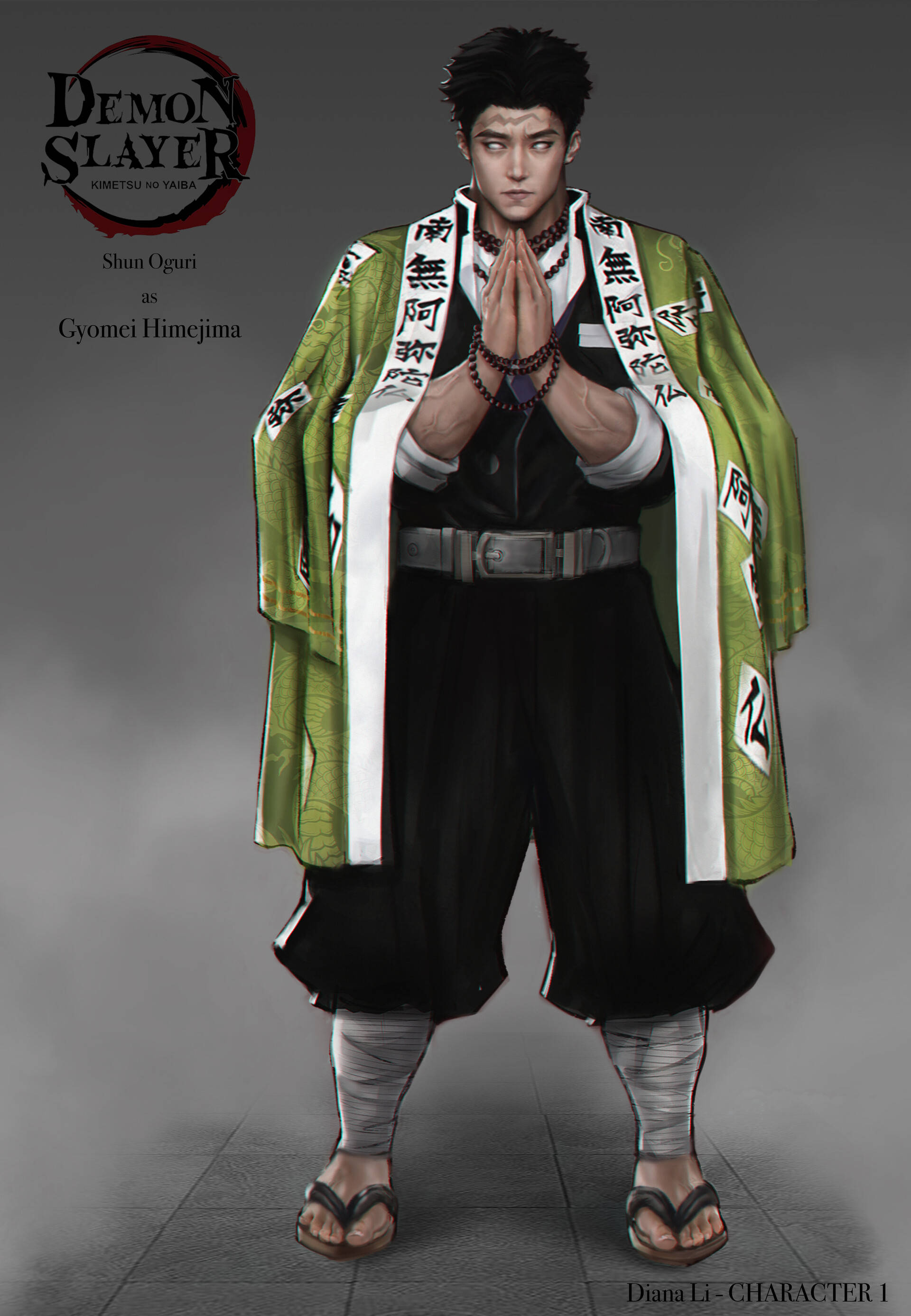 鬼滅之刃 石舟敷 禱告姿勢 壁紙 — 一位身穿綠色和黑色制服嘅惡魔獵人企喺灰色工作室背景前，雙手合十祈禱。