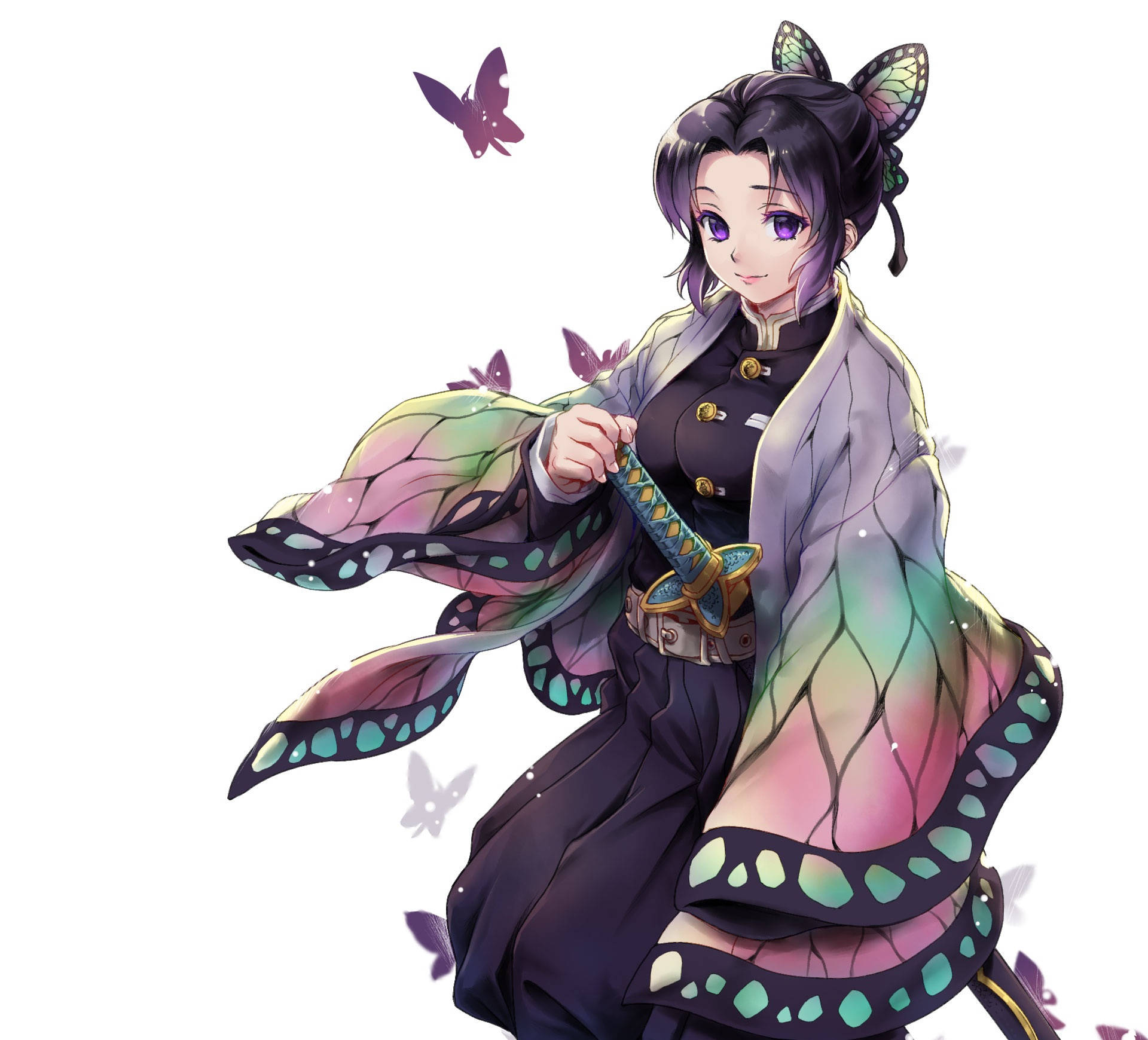 鬼滅之刃 神樂 壁紙 — 動漫少女穿著蝴蝶主題和服和頭飾，在白色背景前被色彩繽紛的蝴蝶環繞，手持劍。