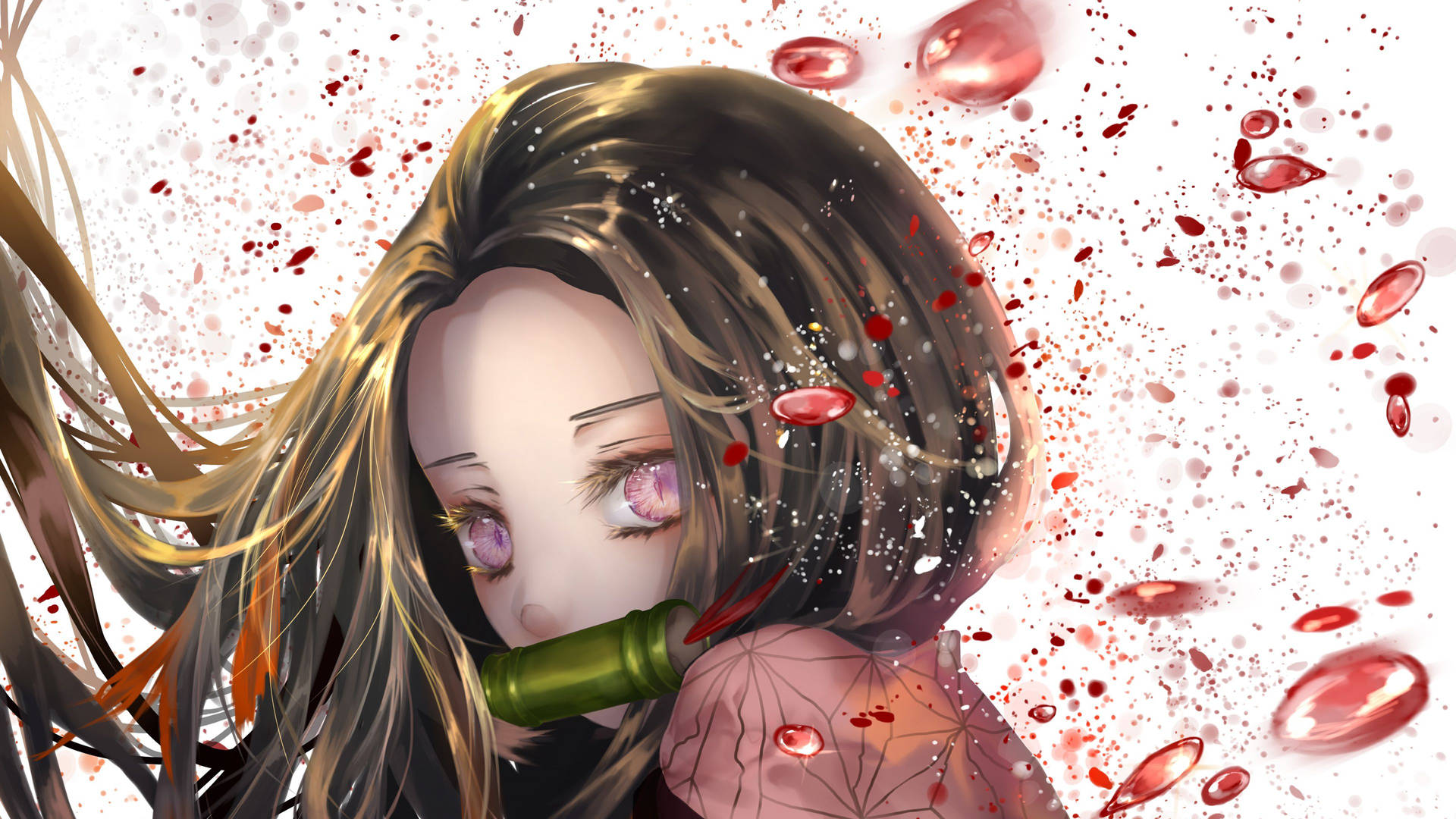 鬼滅之刃 神樂 可愛臉龐 壁紙 — 一個紫眼棕髮的Q版動漫女孩，在白色背景前拿著一個綠色瓶子，紅色液體在她周圍飛濺。