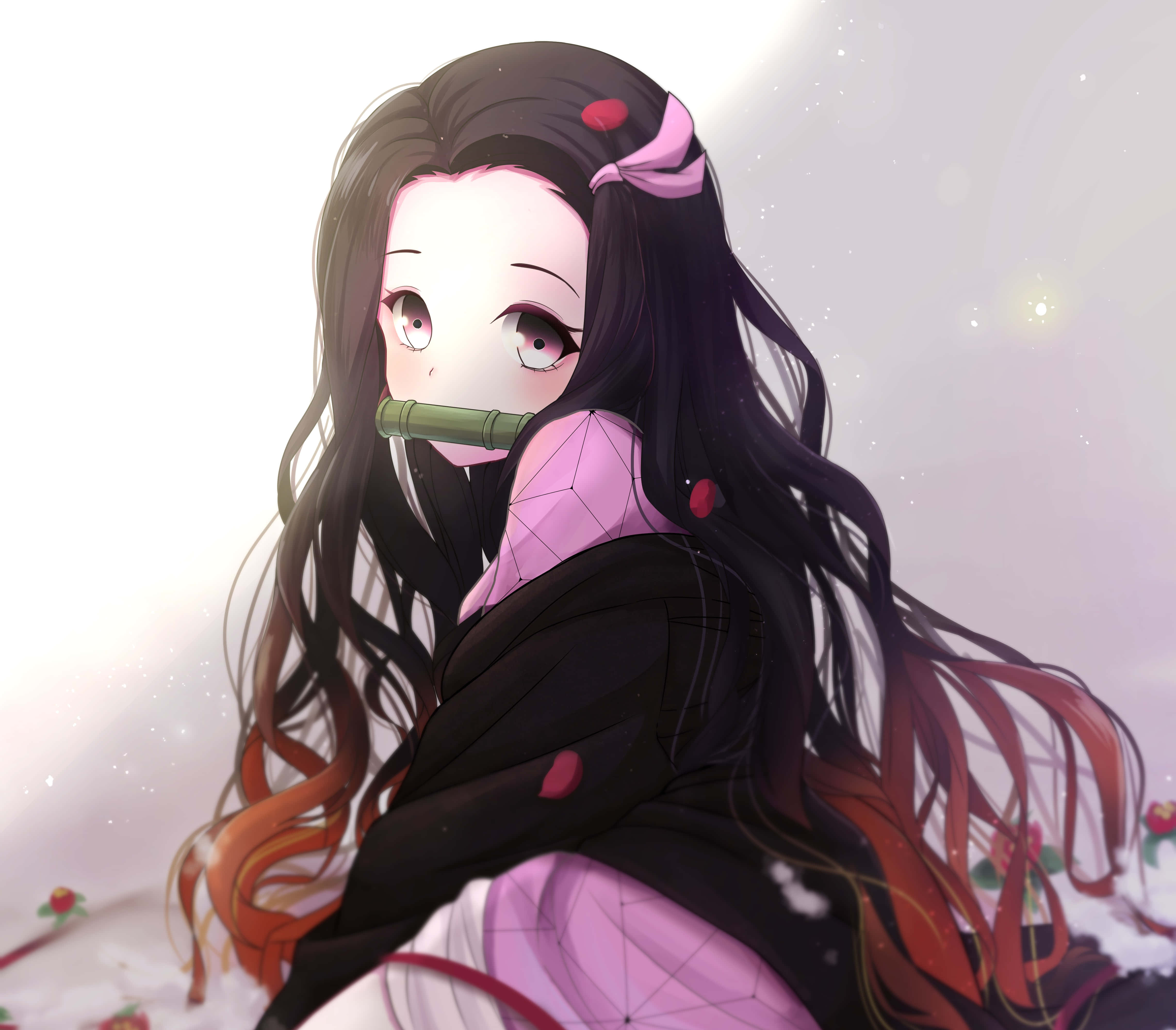 《鬼滅之刃》禰子·風柱 壁紙 — 長黑髮粉紅蝴蝶結的動漫女孩在雪景背景下手持竹笛，周圍有柔和發光的燈光。