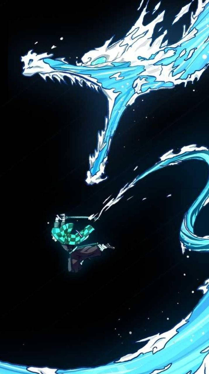 鬼滅之刃 竈門炭治郎 第十型 壁紙 — 一名忍者在一片繁星點點的夜空下，與一隻巨大的發光藍色水龍戰鬥。