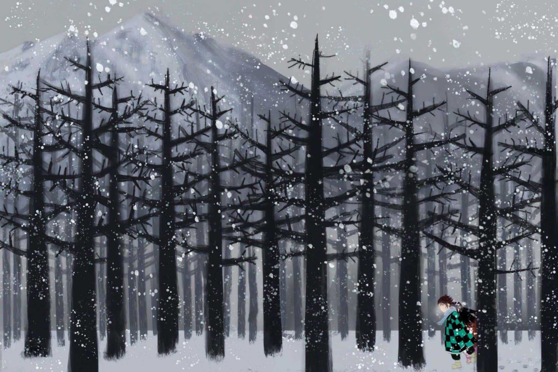 《鬼滅之刃》竈門炭治郎冬季森林風景 壁紙 — 一個孤獨的身影穿著綠色格紋和服，走過一片白雪覆蓋的森林，森林裡有光禿禿的黑樹，背景是白雪覆蓋的山脈。