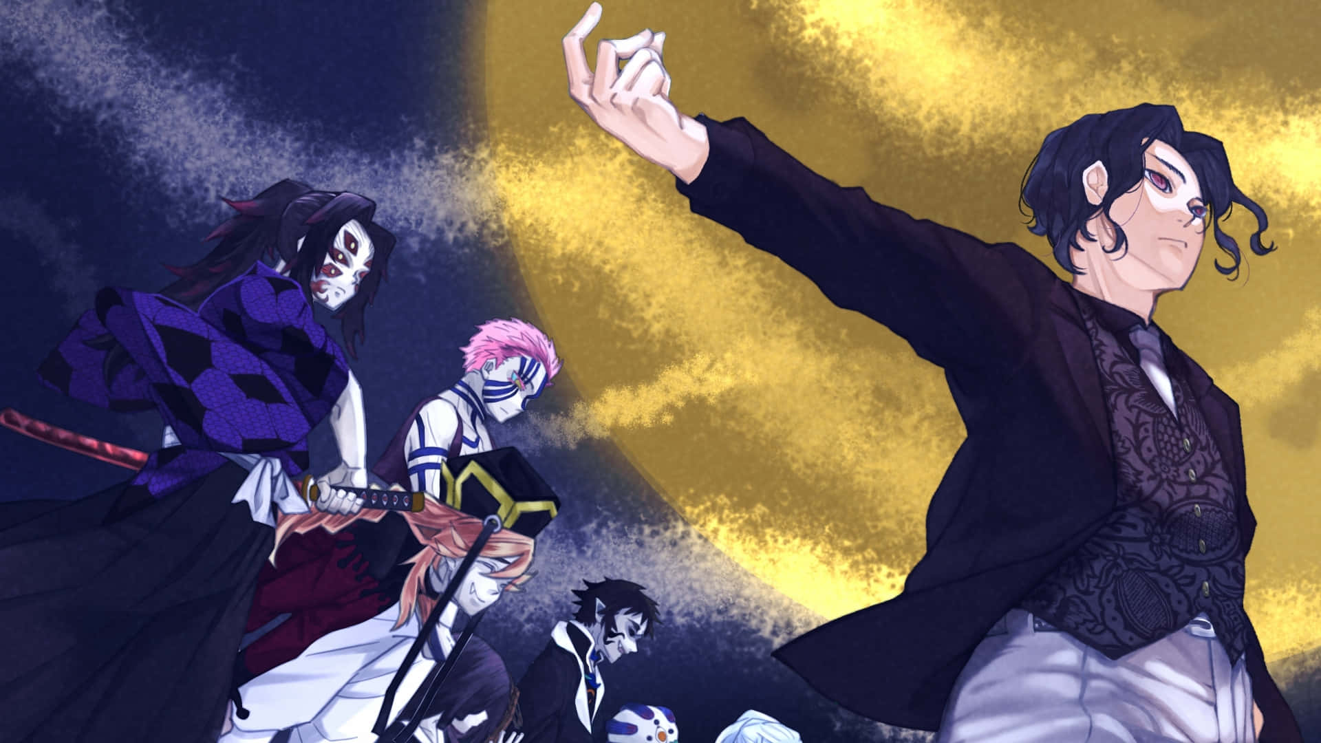 《鬼滅之刃》竈門炭治郎與鬼殺隊以純粹決心對抗惡鬼 壁紙 — 動漫角色以動態姿勢呈現在戲劇性的金色和深藍色背景上。