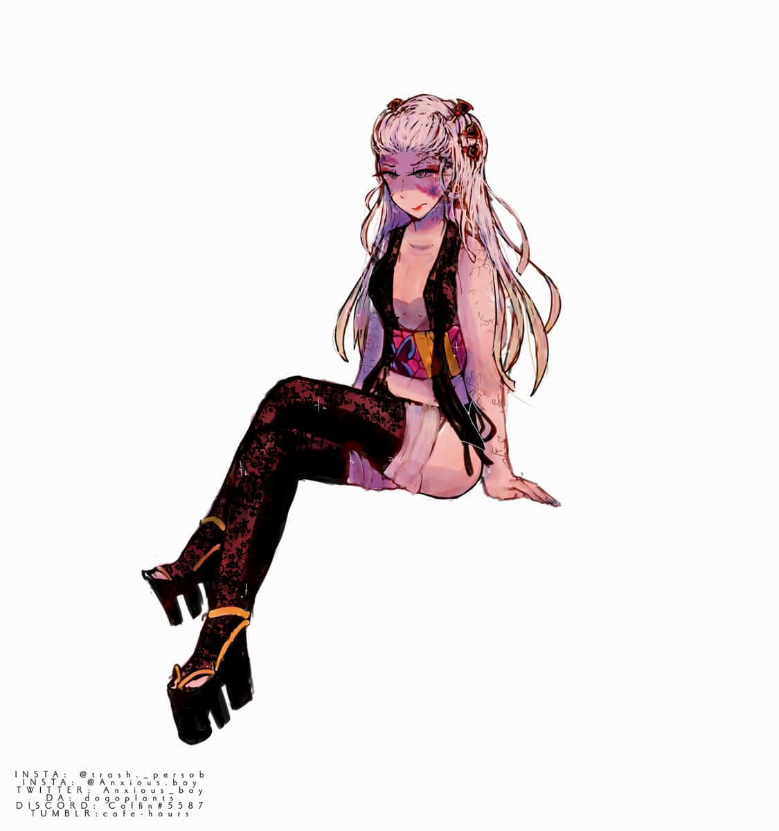 《鬼滅之刃》竈門禰豆子與竈門炭治郎 壁紙 — 一個風格化的動漫女孩，長著蒼白的長髮和深色蕾絲緊身褲，以放鬆的姿勢坐在純白色背景前。