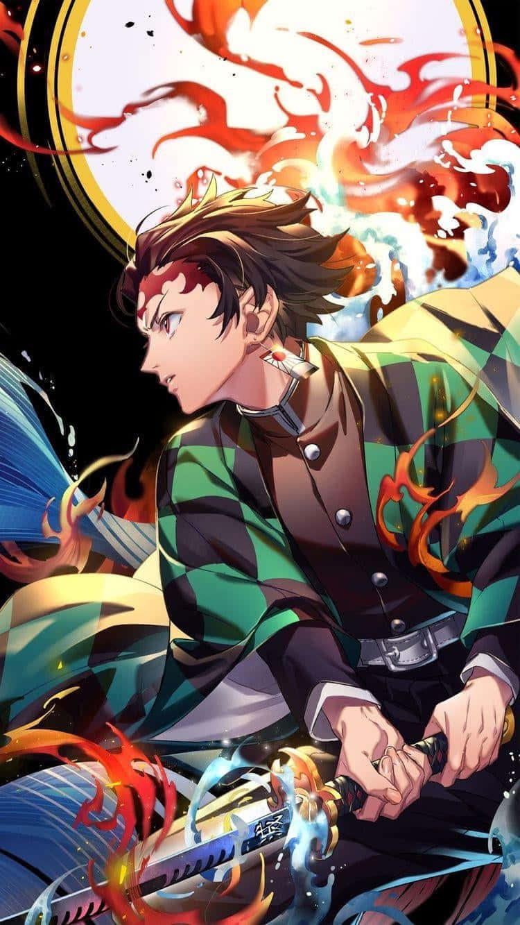 《鬼滅之刃》第二季竈門炭治郎持劍 壁紙 — 擁有火焰頭髮和劍的動漫戰士，在黑暗背景中被爆炸性的火焰和水效果包圍。