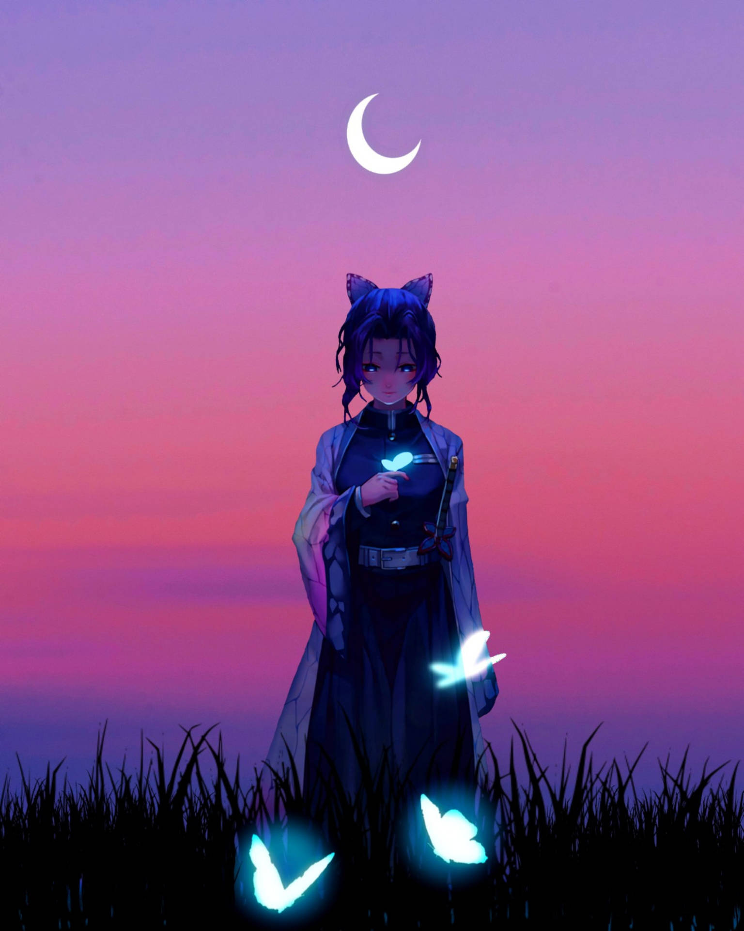 貓耳動漫女孩在彎月下捧著發光蝴蝶，站在暮色草地上。