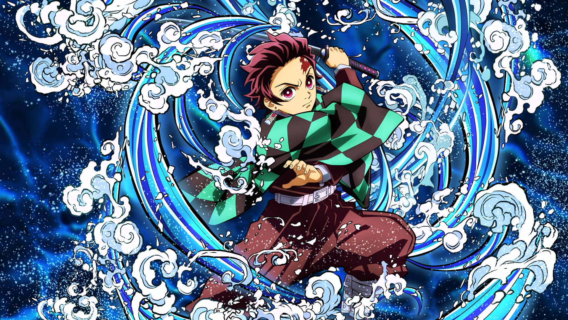 《鬼滅之刃》藍色主題炭治郎 壁紙 — 動畫角色竈門炭治郎在星空宇宙背景下斬過旋轉的藍色水和白色雲朵。