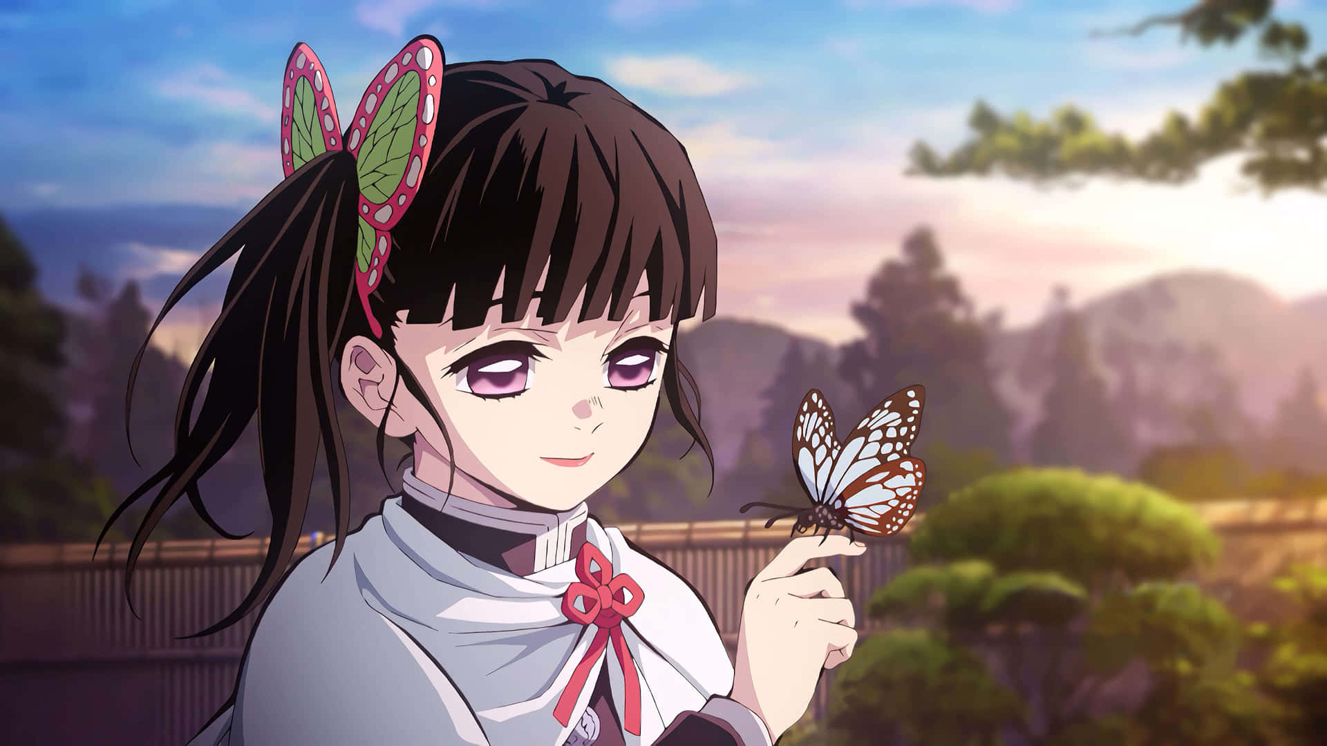 動畫女孩戴著蝴蝶髮夾，在日落時捧著一隻帝王蝶。