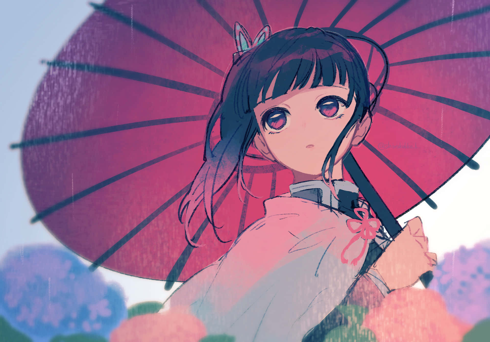 動漫女孩在雨中拿著紅傘，身後是模糊的彩色花朵。