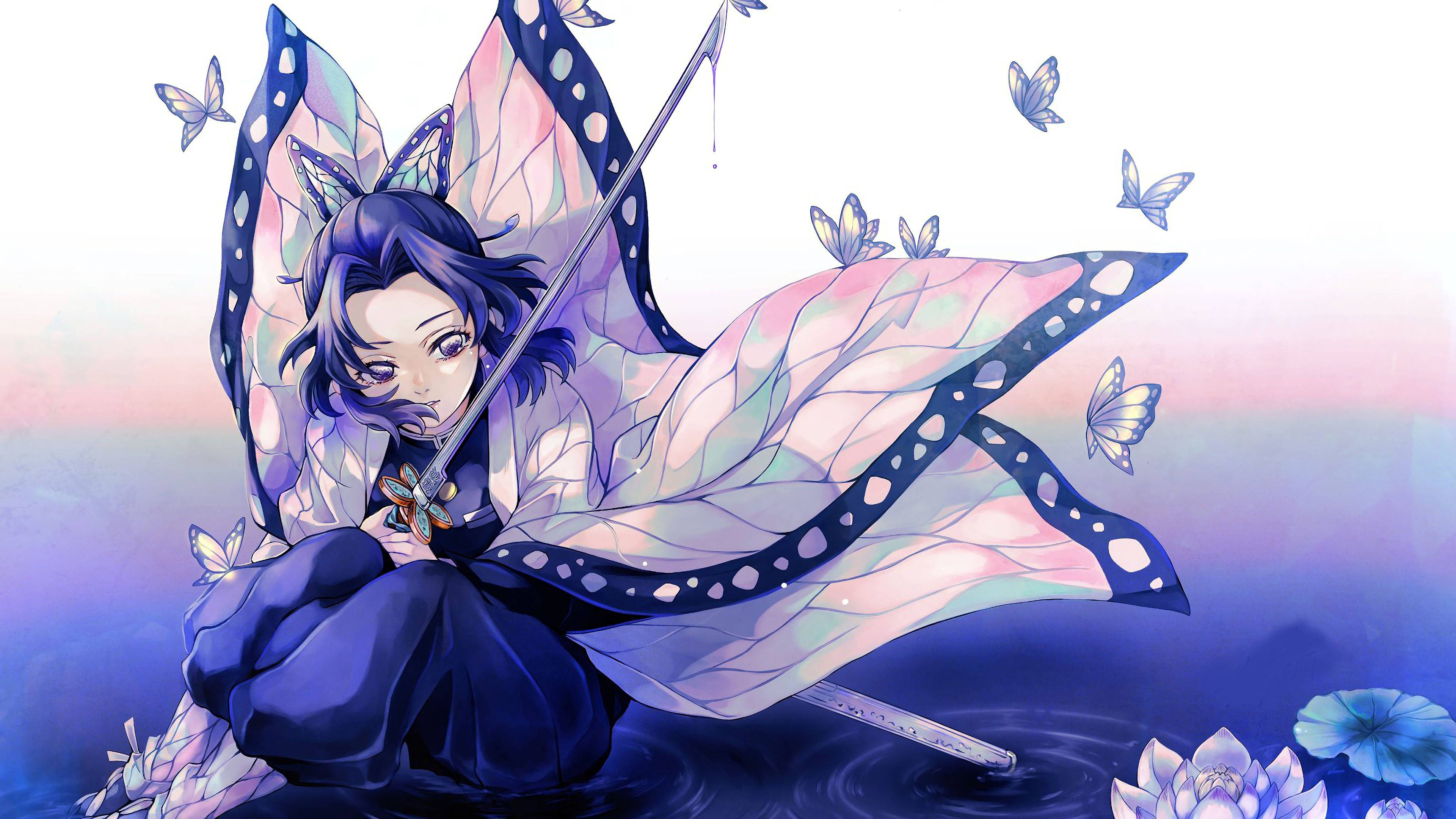 《鬼滅之刃》角色時透無一郎 壁紙 — 一個年輕的動漫女孩，擁有蝴蝶翅膀，坐在水中，手持劍，周圍環繞著漂浮的蝴蝶和蓮花。