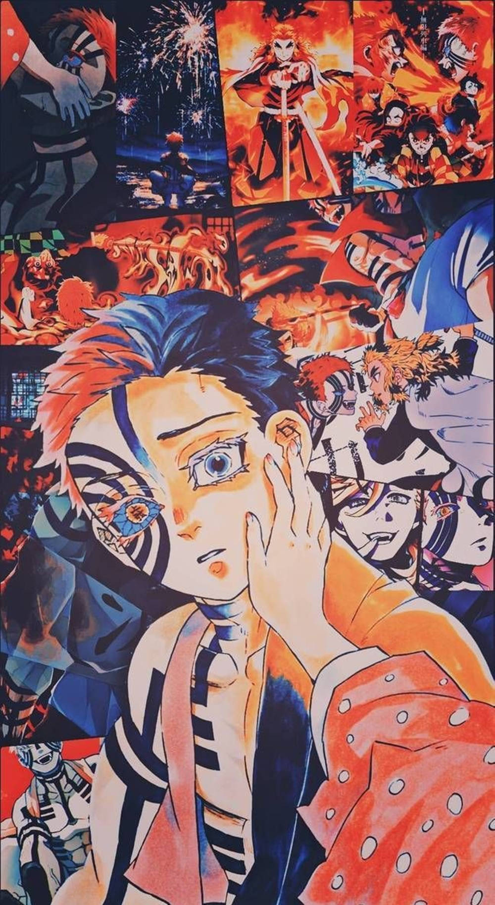 鬼滅之刃 阿卡扎與原人形羽織介 壁紙 — 一幅充滿活力的動漫拼貼畫，以一個藍髮戴面具的角色為中心，周圍是火熱的戰鬥場景和動態的漫畫面板。