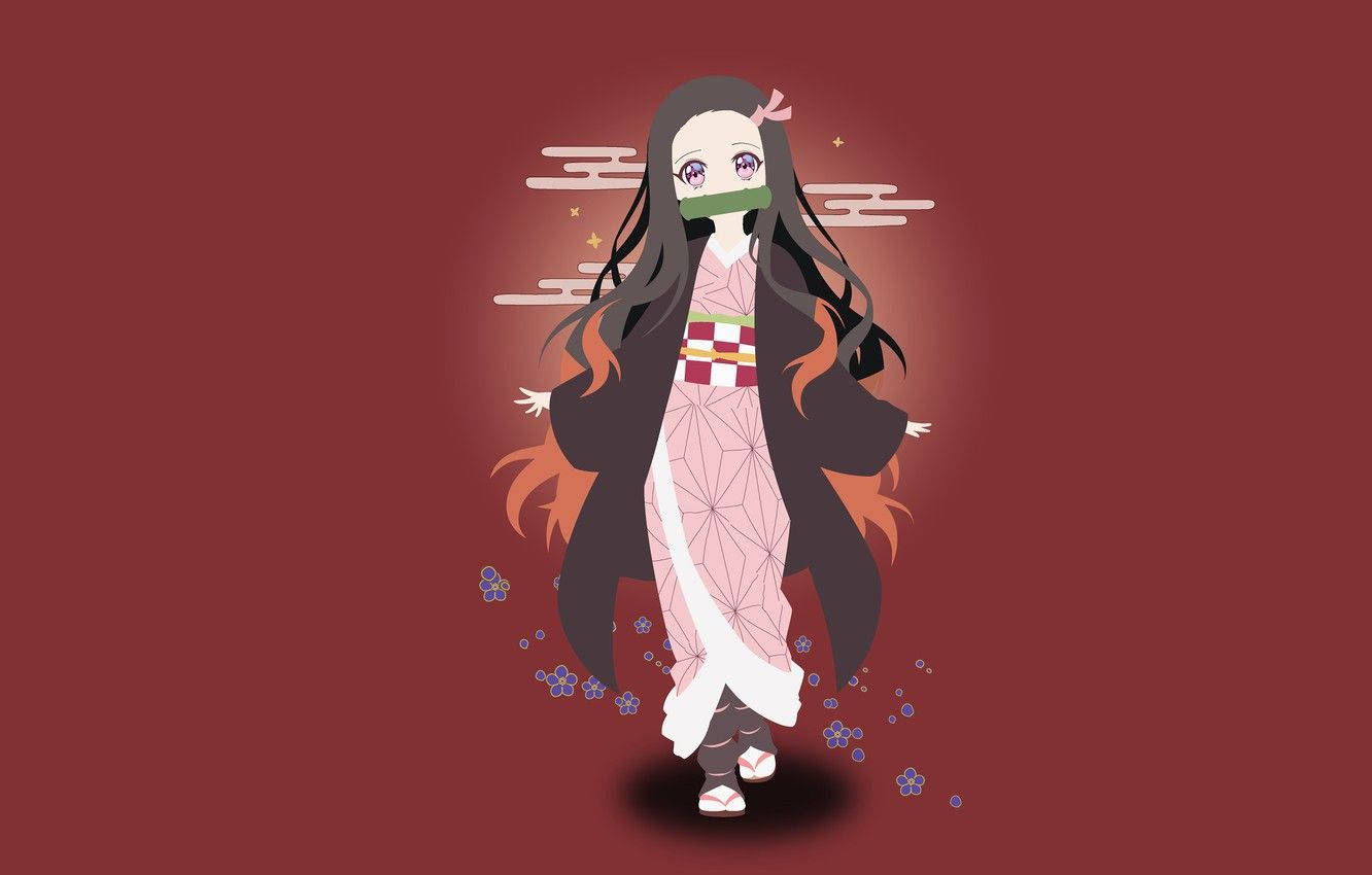 鬼滅之刃 露比可愛全身照 壁紙 — 身穿粉紅色和服、戴著綠色口罩的動漫女孩，站在深紅色背景前，背景有飄浮的花朵和風格化的雲朵。