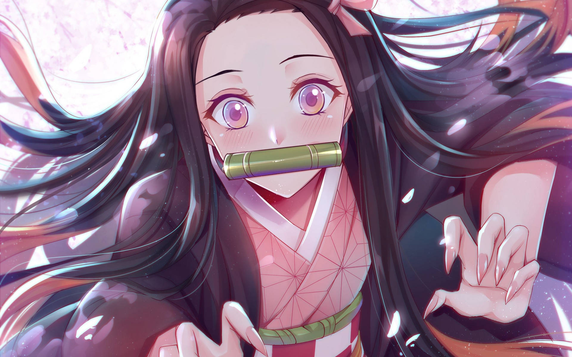 鬼滅之刃 露比可愛口含口琴 壁紙 — 一個充滿活力的動漫女孩，長長的黑髮和紫色的眼睛，嘴裡含著竹管，在發光的粉紅色和紫色背景前微笑。