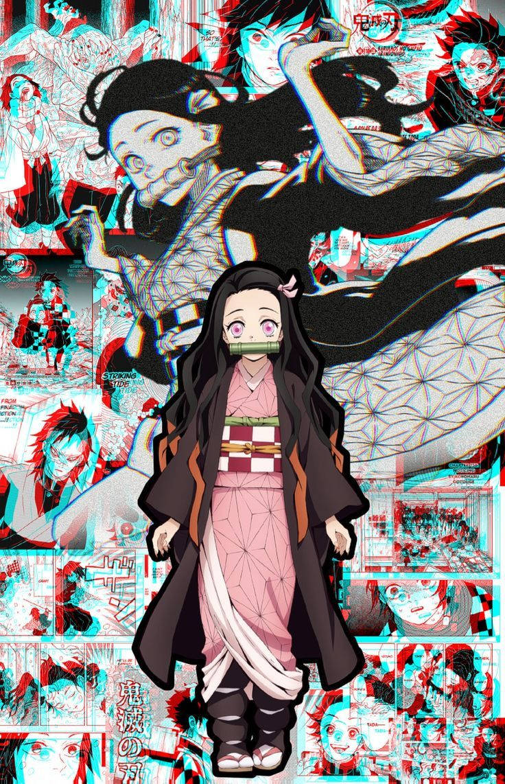 穿著粉色和服的動漫女孩，嘴裡叼著竹筒，周圍是帶有故障效果的漫畫面板。 — 鬼滅之刃 火鬼 壁紙
