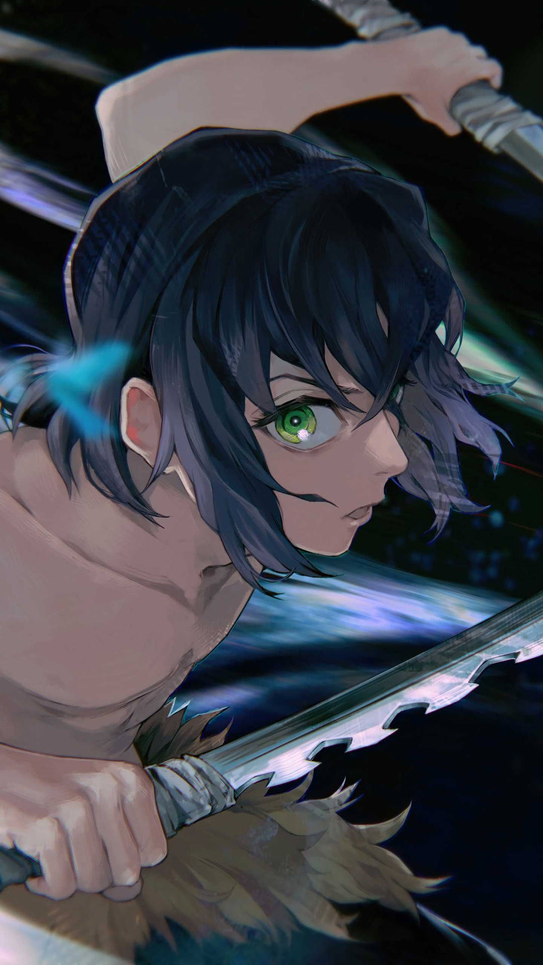 綠眼動漫戰士揮舞劍的動作。