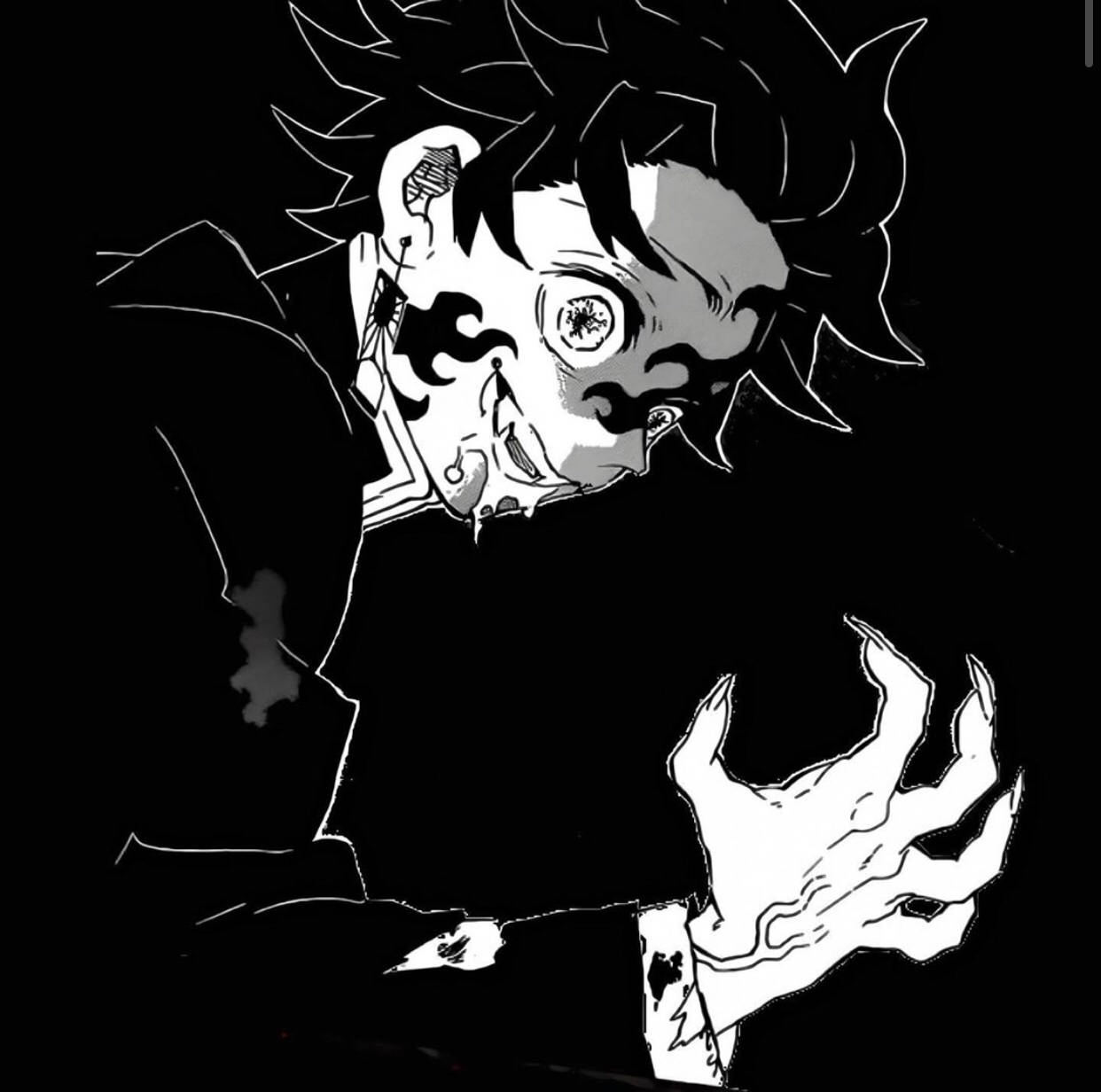 《鬼滅之刃 黑白》中光明與黑暗的對決 壁紙 — 一個黑白動漫角色，有著尖刺頭髮和發光的眼睛，在黑暗背景下伸出帶爪的手。